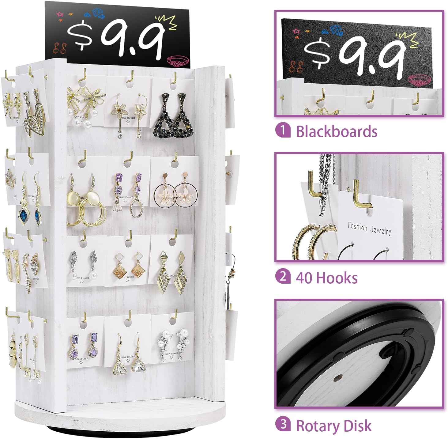 Pinzoveco Rotating Earring Display Stands for Selling with Adversitsing Board, Real Wood Jewelry Display Stand for Vendors, Large Capacity Earring Cards for Selling Rack Holder (Weathered White)