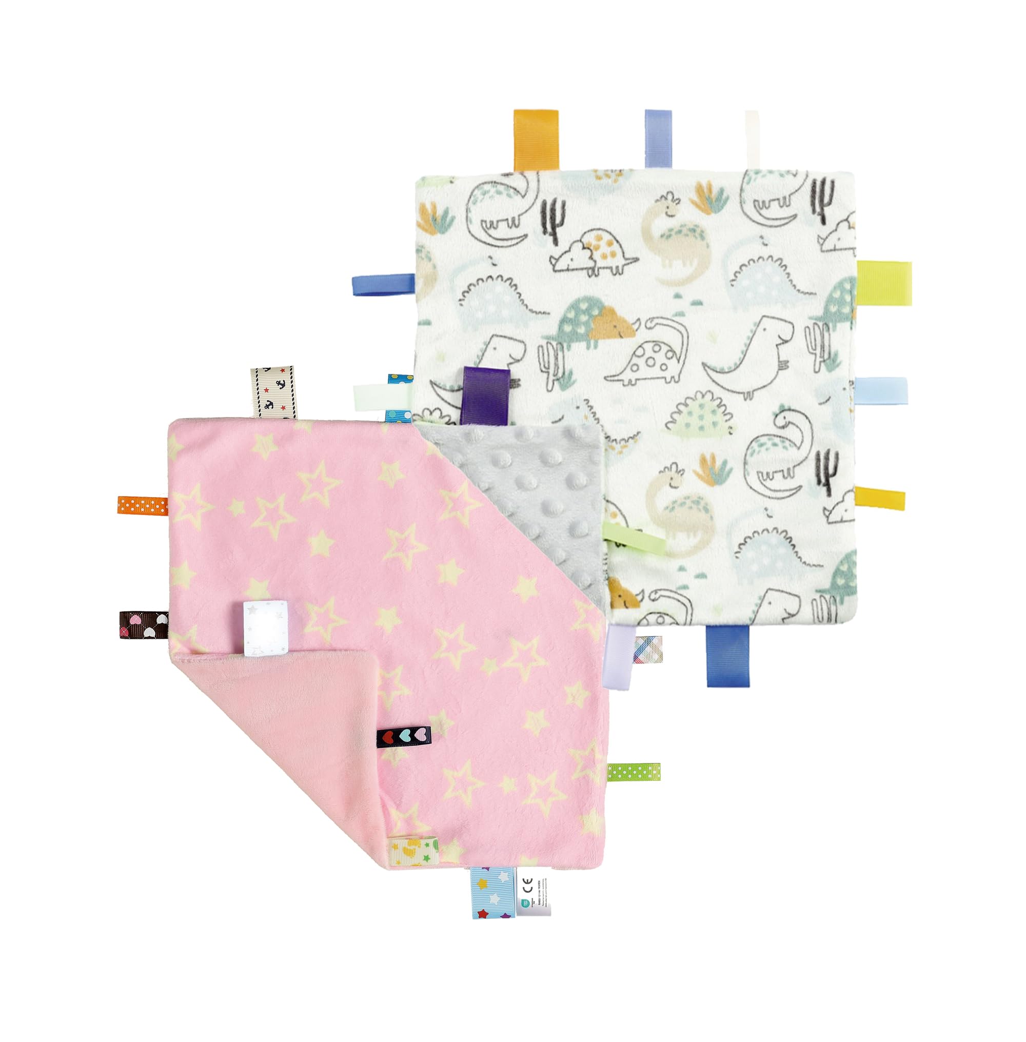 CREVENT Tag Security Blankets for Babies, Soft Small Loveys for Boys, Baby Comforter Sensory Blanket, Great Gifts for Birthday Baby Shower - 10"X10" Pink Star + Dinosaur