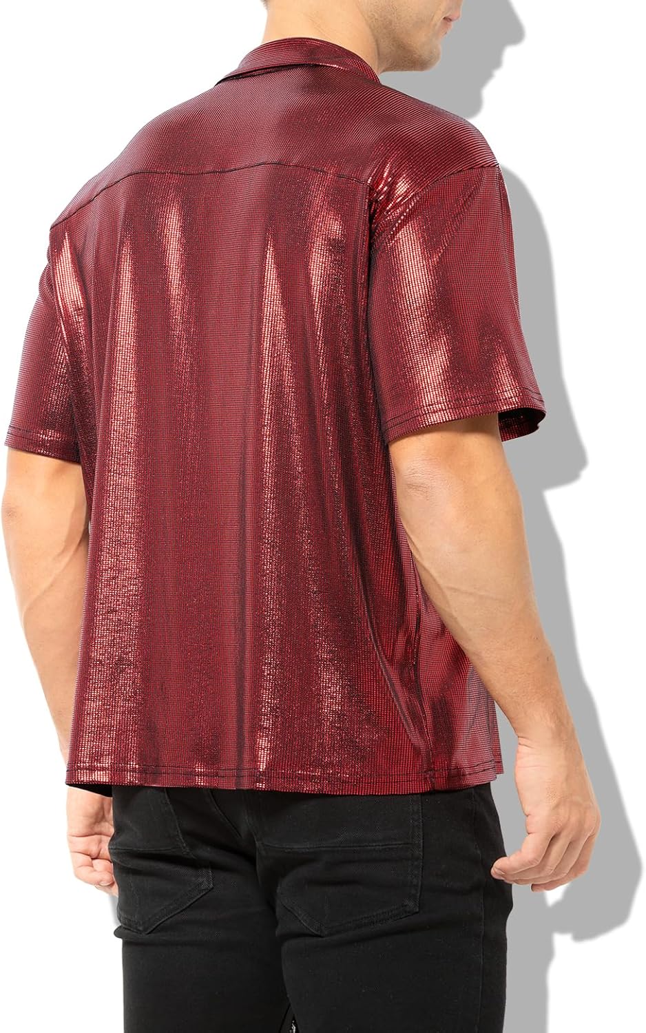 Casey Kevin Men's Short Sleeve Collared Metallic Shirts Button Down Reflective Sequin Rave Outfit Holographic Disco Top