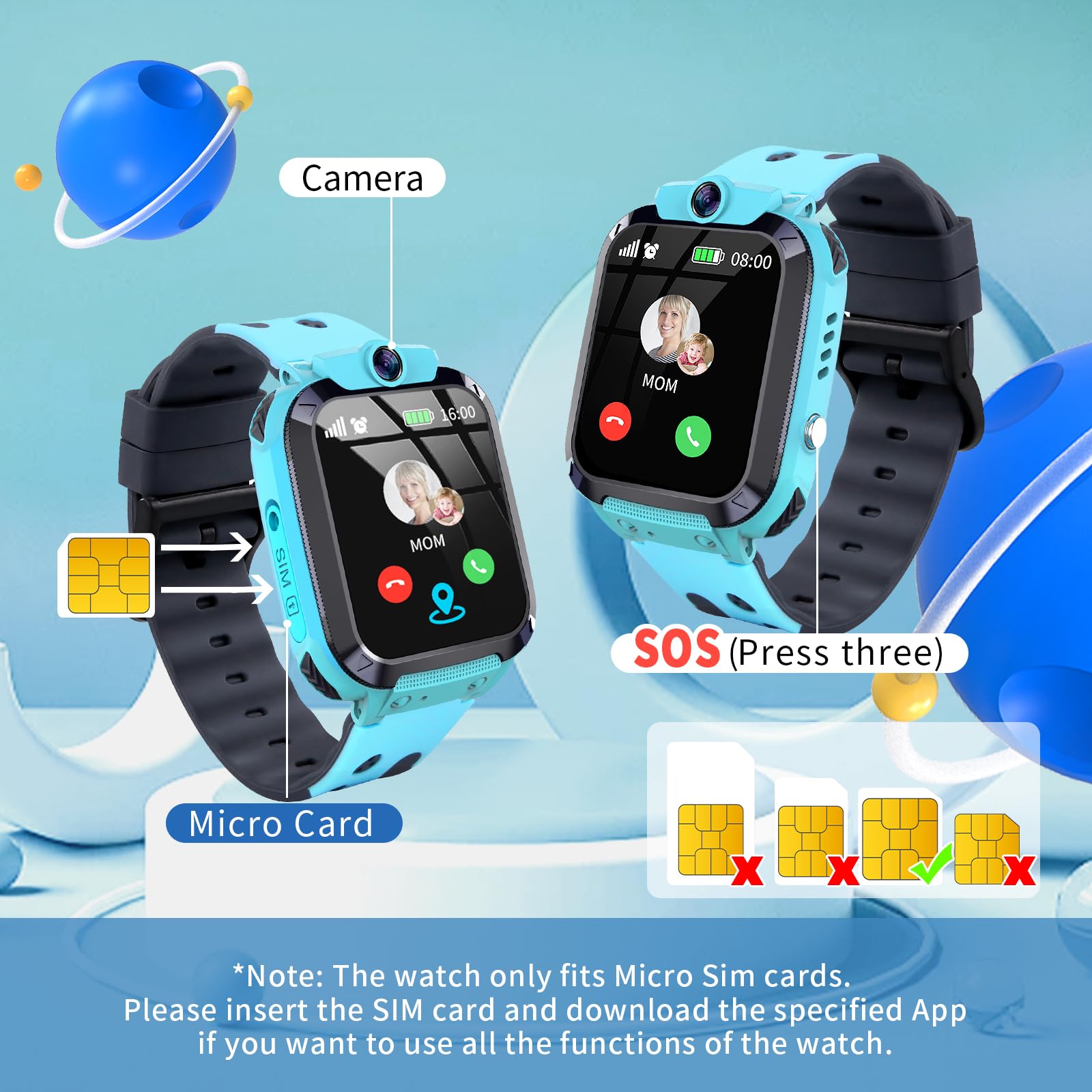 Reloj Inteligente Niño Niña Reloj GPS Niños Localizador y Llamadas | Teléfono SOS Despertador Juego Modelo de Clase Resistente Al Agua Digital Regalo-