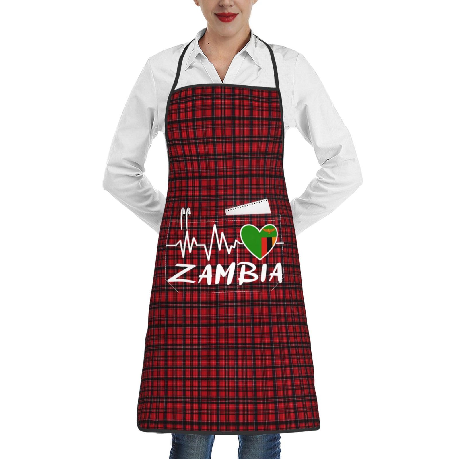 nopicsn Zambia Heartbeat Apron for cooking with Pockets Women Men Kitchen Chef Funny Aprons