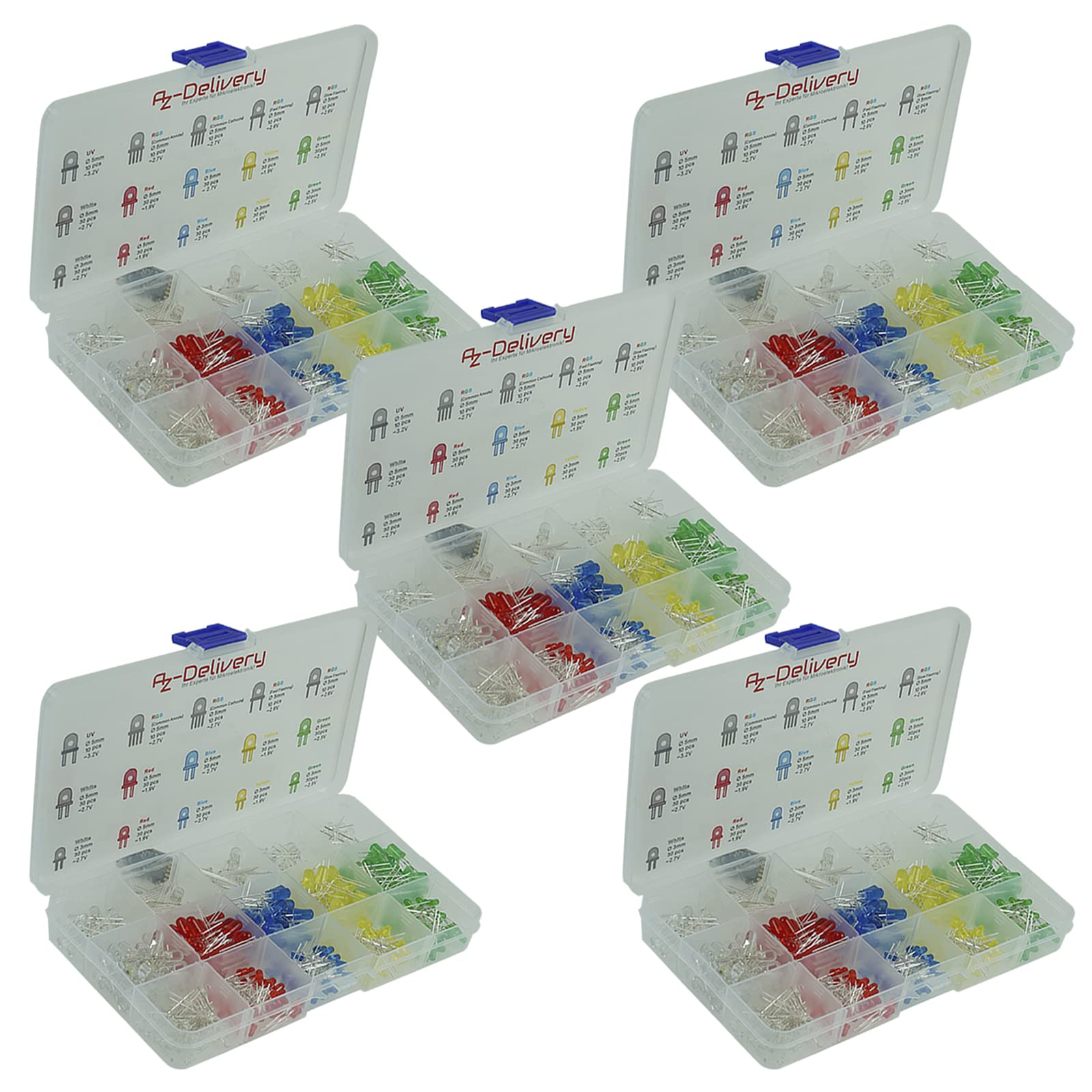 AZDelivery 5 x LED Leuchtdioden Sortiment Kit, 350 Stück, 3mm & 5mm, 5 Farben, Emittierende Runde LED-Diode Set, UV RGB CC/CA kompatibel mit Arduino inklusive E-Book!
