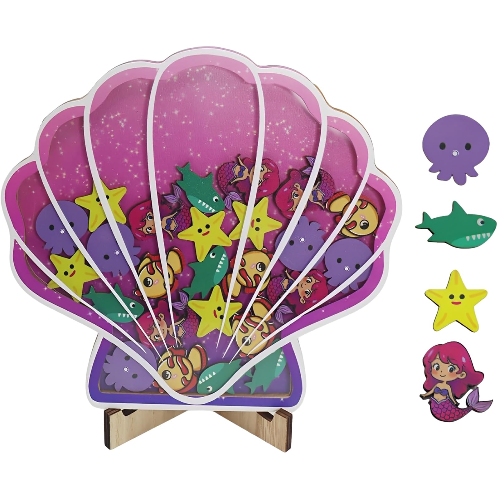 Shell Reward Jar,Reward Jars for Children Behaviour with Stars, Wooden mermaids, Octopuses, Sharks Good Behaviour Chart Reward Pot for Home School