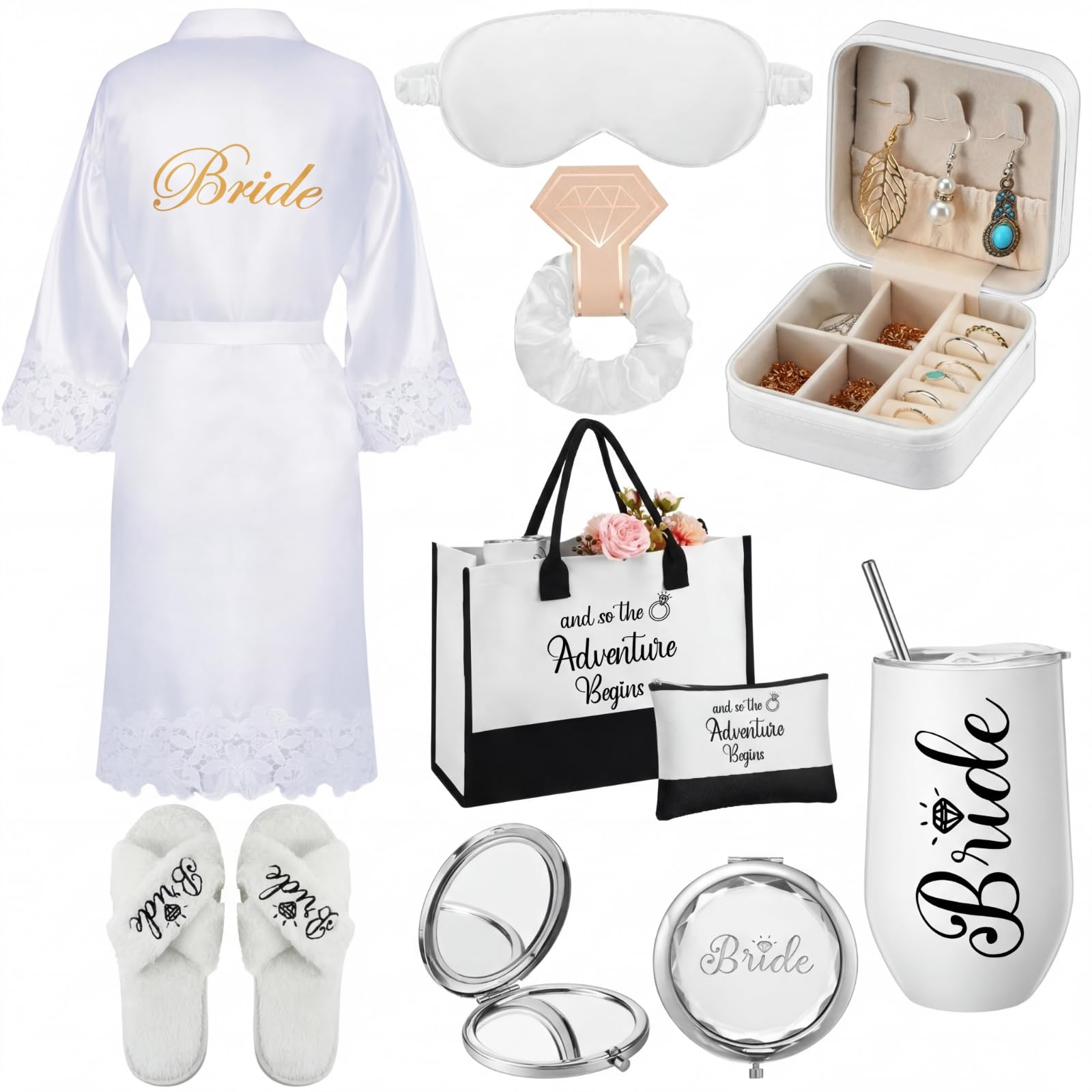 JaGely 9 Pcs Bride to Be Gifts Set Bridal Shower Bachelorette Wedding Gifts with Robe Slippers Tumbler Tote Bag & Bridal Kit, White, and So the Adventure Begins-image-41