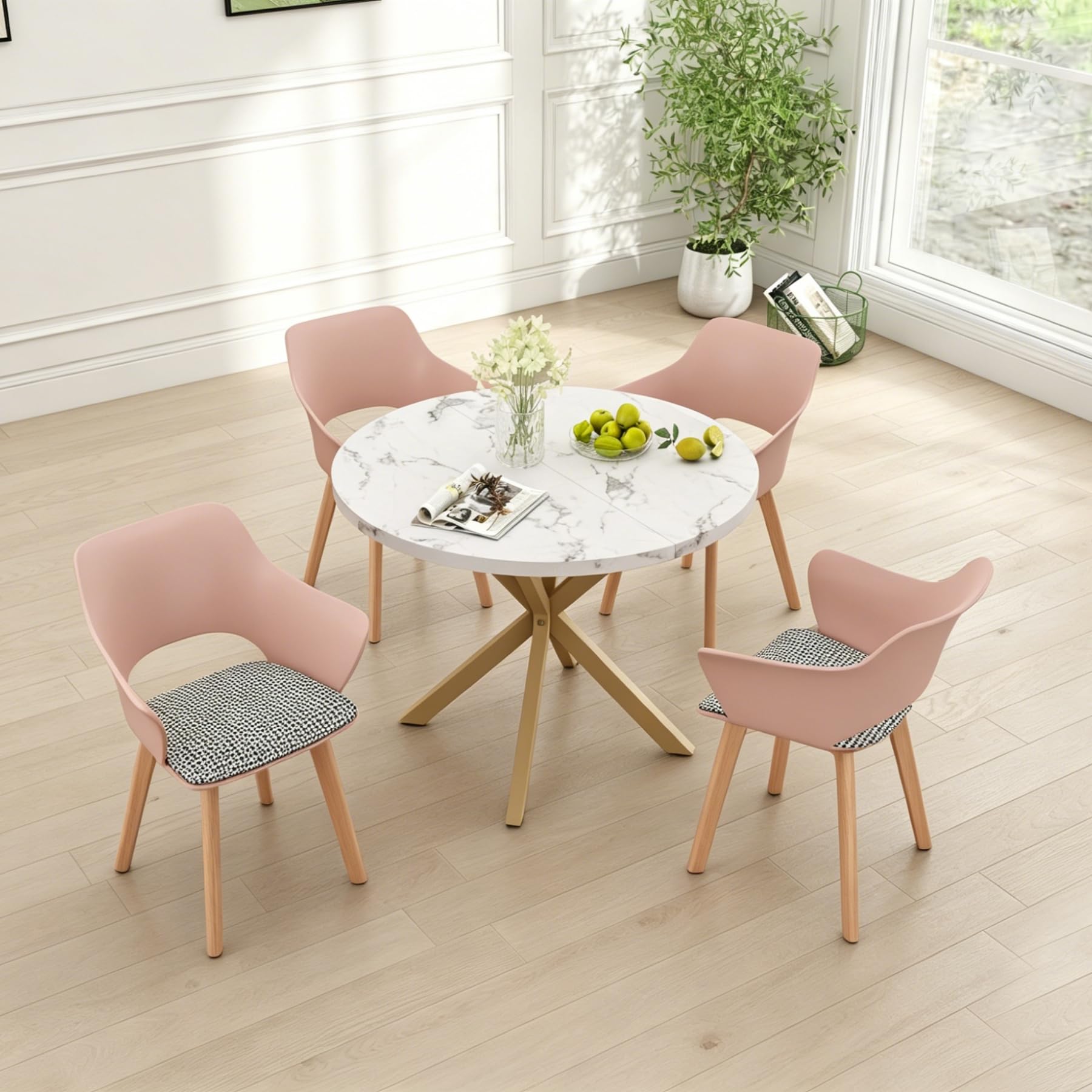 GrandCA HOME Set di Tavolo e Sedie da Pranzo, 100×100×76.5 CM Tavolo da Pranzo Rotondo, 4 Sedie da Cucina Imbottite, per Sala da Pranzo, Soggiorno, Cucina (Marmo-GD + Rosa)