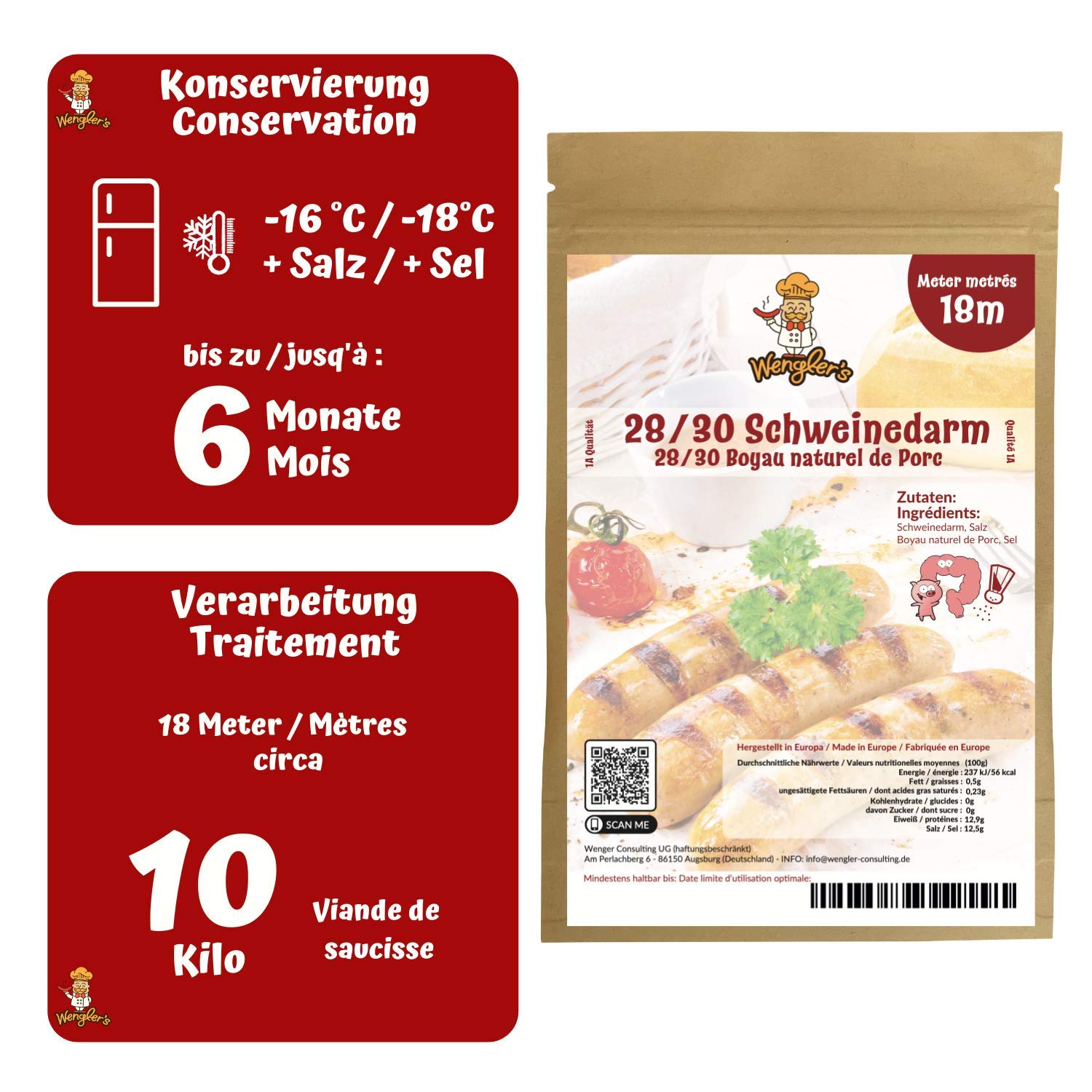Boyau de Porc Naturel 28/30 - Comparable à celui des charcuteries - Résistant à la cuisson - Convient pour le fumage et le barbecue (28/30 18m)
