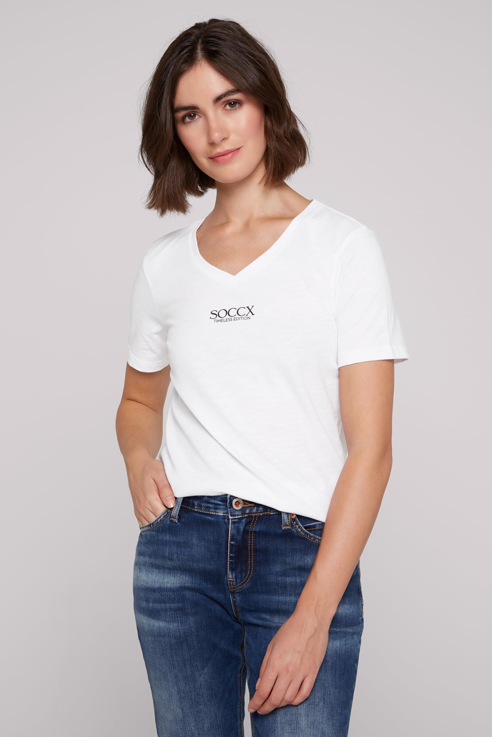 SOCCX Damen Basic T-Shirt mit V-Ausschnitt 100% Baumwolle Kurzarm Logo Print Oberteil