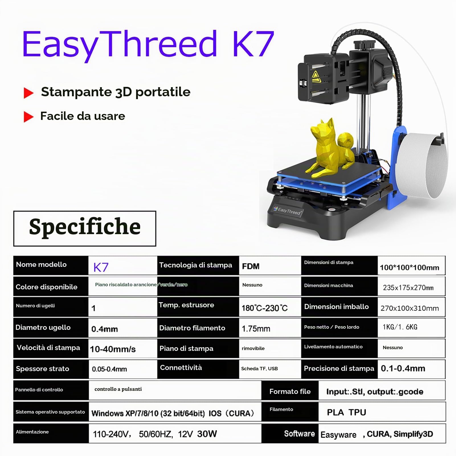 Stampante 3D per Bambini Mini Stampante 3D Desktop 100x100x100mm Formato di Stampa Nessun Letto Riscaldato Stampa a Un Tasto con Scheda TF Filamento Campione PLA per Principianti