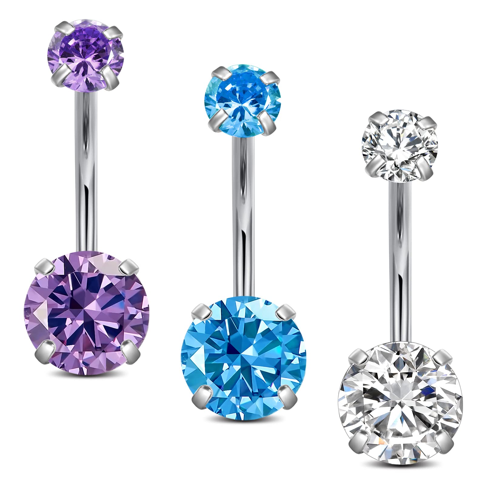 Incaton 14G Belly Button Ring Surgical Stainless Steel Round Cubic Zirconia Navel Barbell Belly Rings For Women 6/8/10/12mm