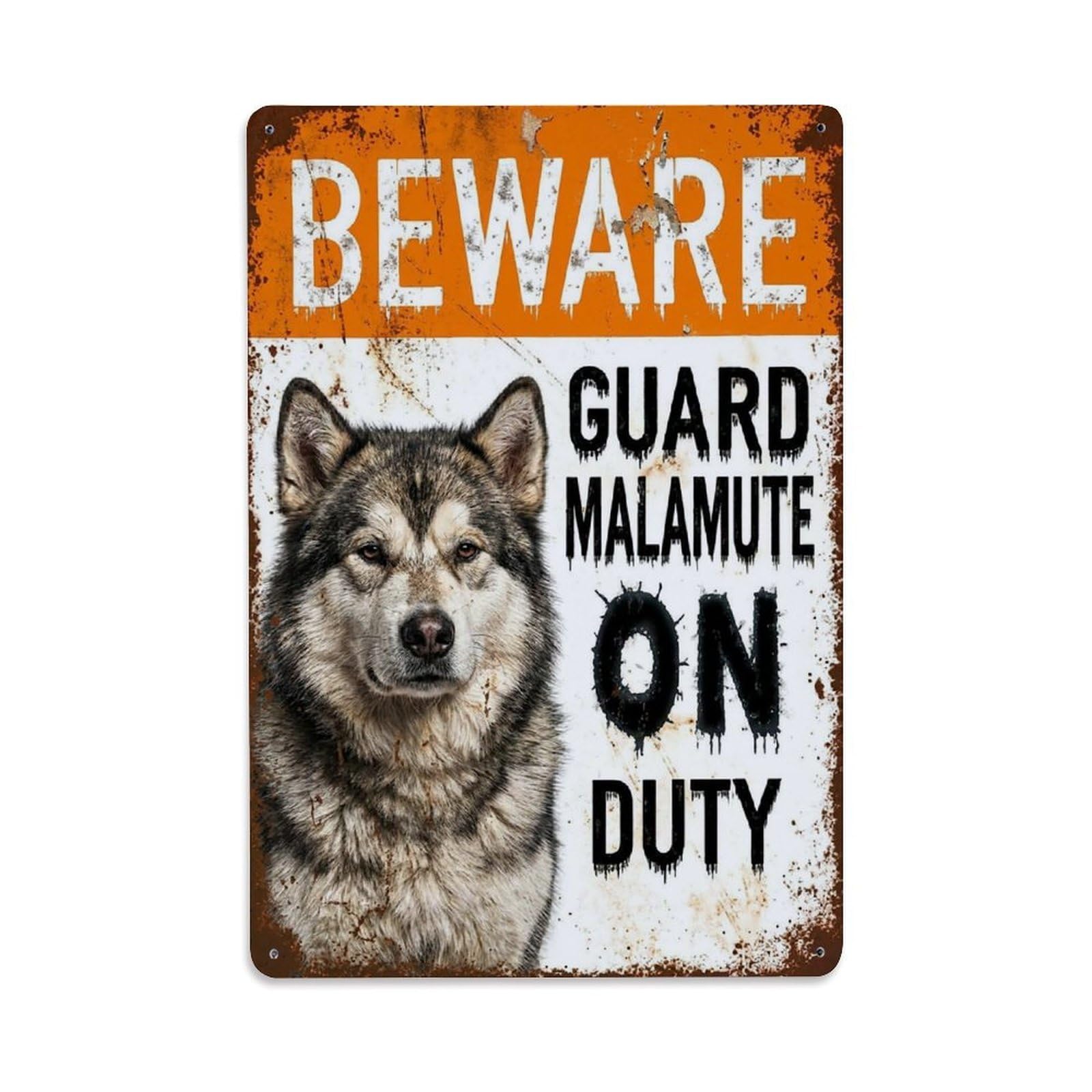 Vintage Funny Malamute Guard Beware of Dog Trail Metal Tin Sign Plaque Wall Decor for Cafe, Club Bar, Office, Garden Metal Poster 8x12Inch