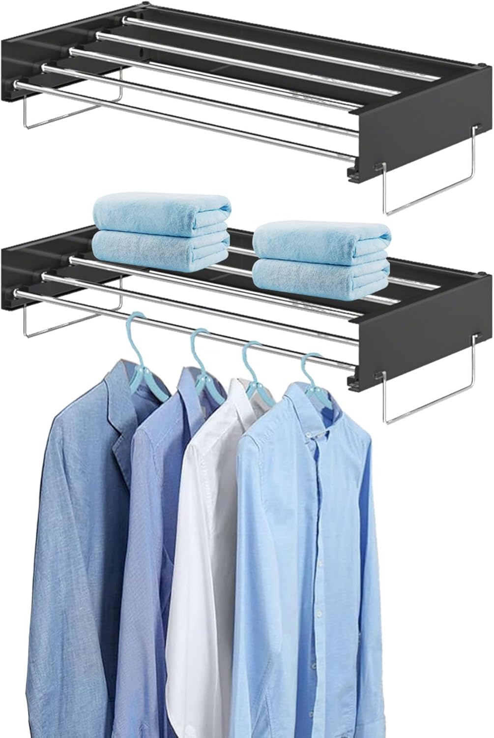 Wall Mounted Drying Rack - Retractable Foldable Laundry Rack (31.5 Inch), 5-Rod Collapsible Clothes Drying Rack with 2 Tower Handles for Indoor/Outdoor Use - Bathroom, Balcony, Apartment
