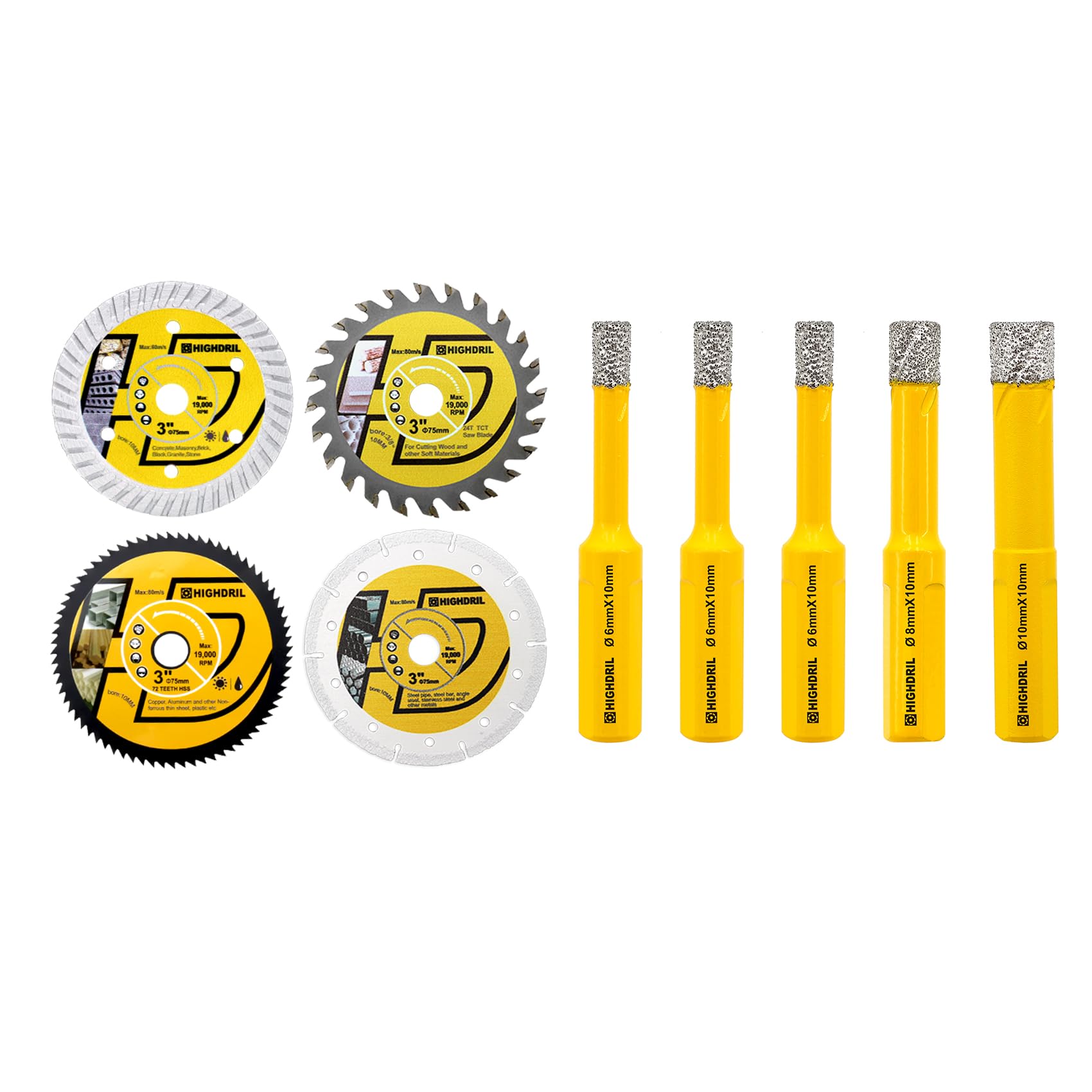 HIGHDRIL 3" 75mm Circular Saw Blade Set 4pcs - Diamond/HSS/TCT Cutting Disc for Angle Grinder Cutting Soft Metal Copper Aluminum Granite Tile Plastic Wood