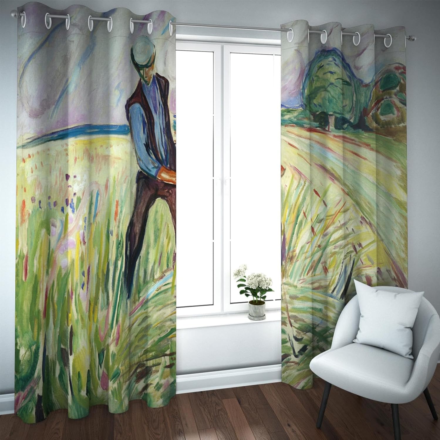 Green Field Window Drapes Country Style Grassland Thermal Insulated Curtain for Bedroom Living Room 2 Panels The Haymaker by Edvard Munch 2X W38xL63in