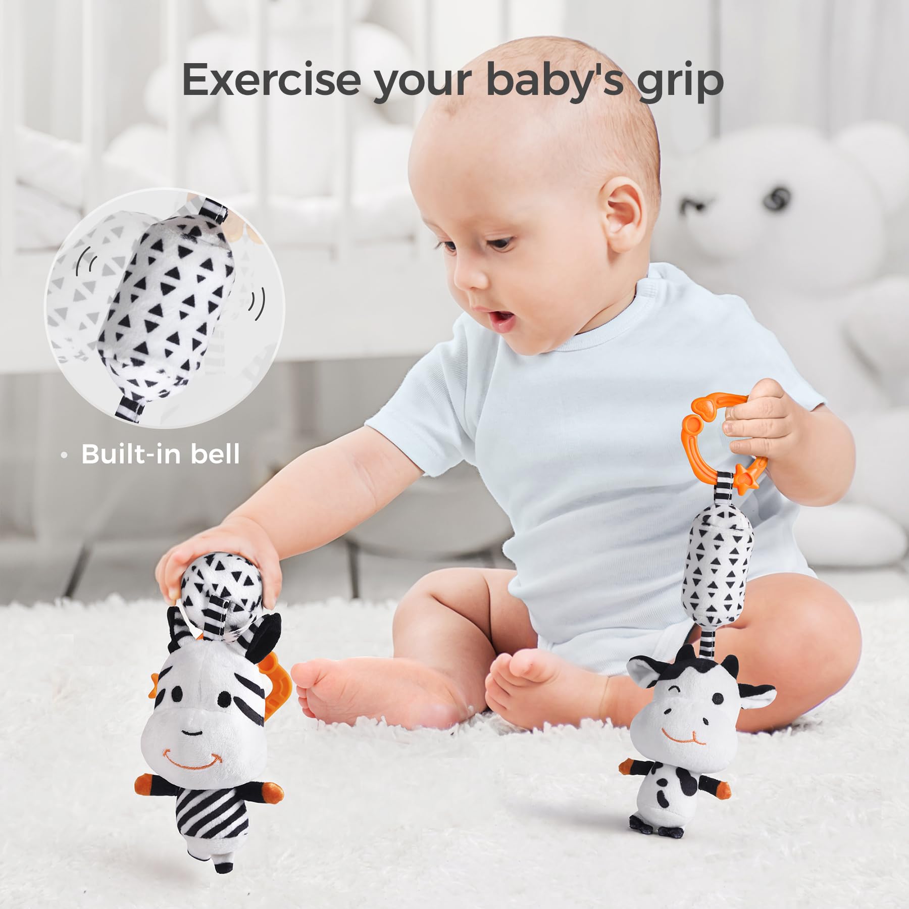 TUMAMA - Juguetes para bebés en blanco y negro, tiempo de barriga de alto contraste, sonajeros suaves para recién nacidos, sonajeros de espejo Montessori Sensorial de 0 a 12 meses, bebé colgante para 4