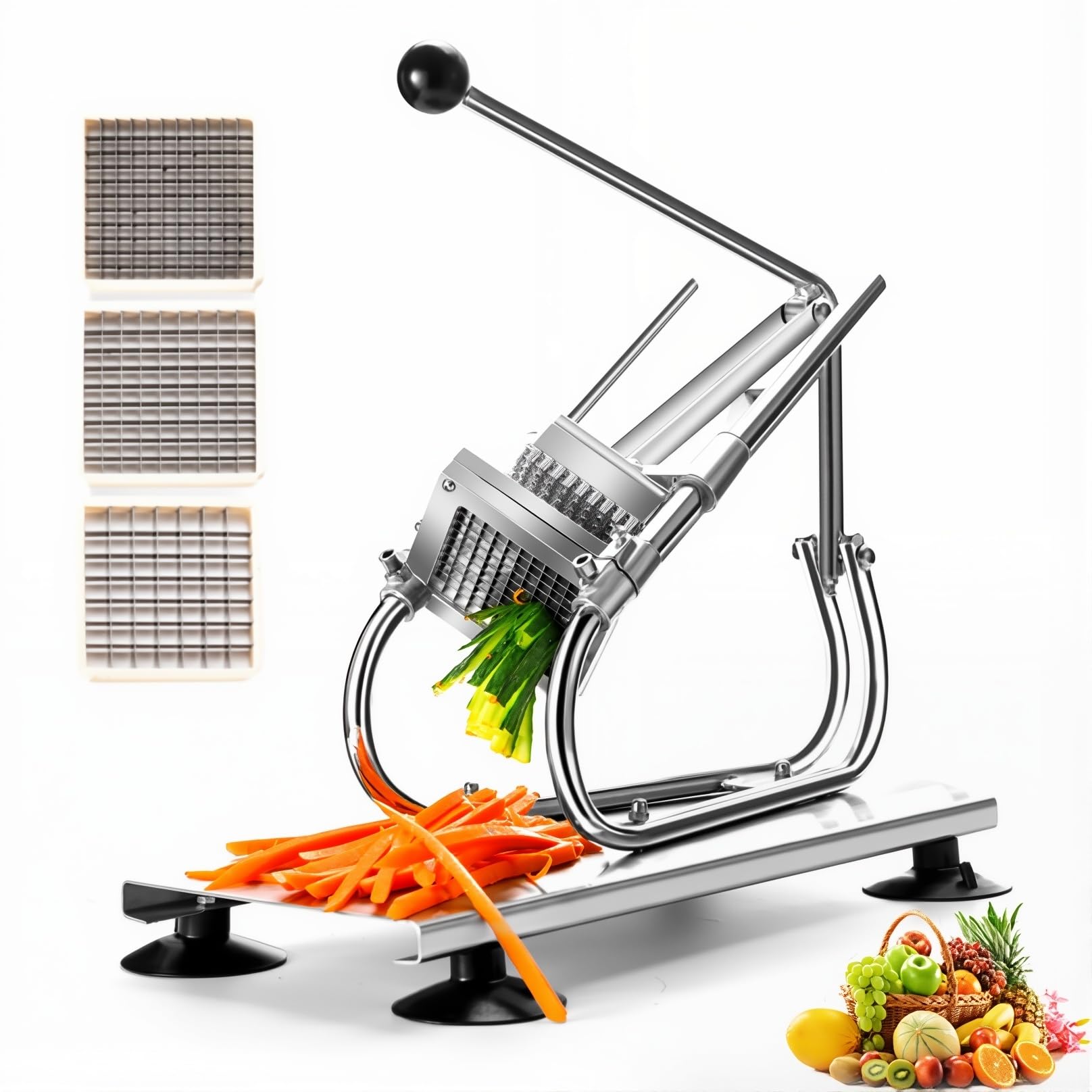 BOOZXCV French Fry, Stainless Steel Potato Chipper with 8mm/10mm/12mm Blades & Suction Feet, Extended Handle, Easy to Use for Potatoes, Carrots, and Cucumbers