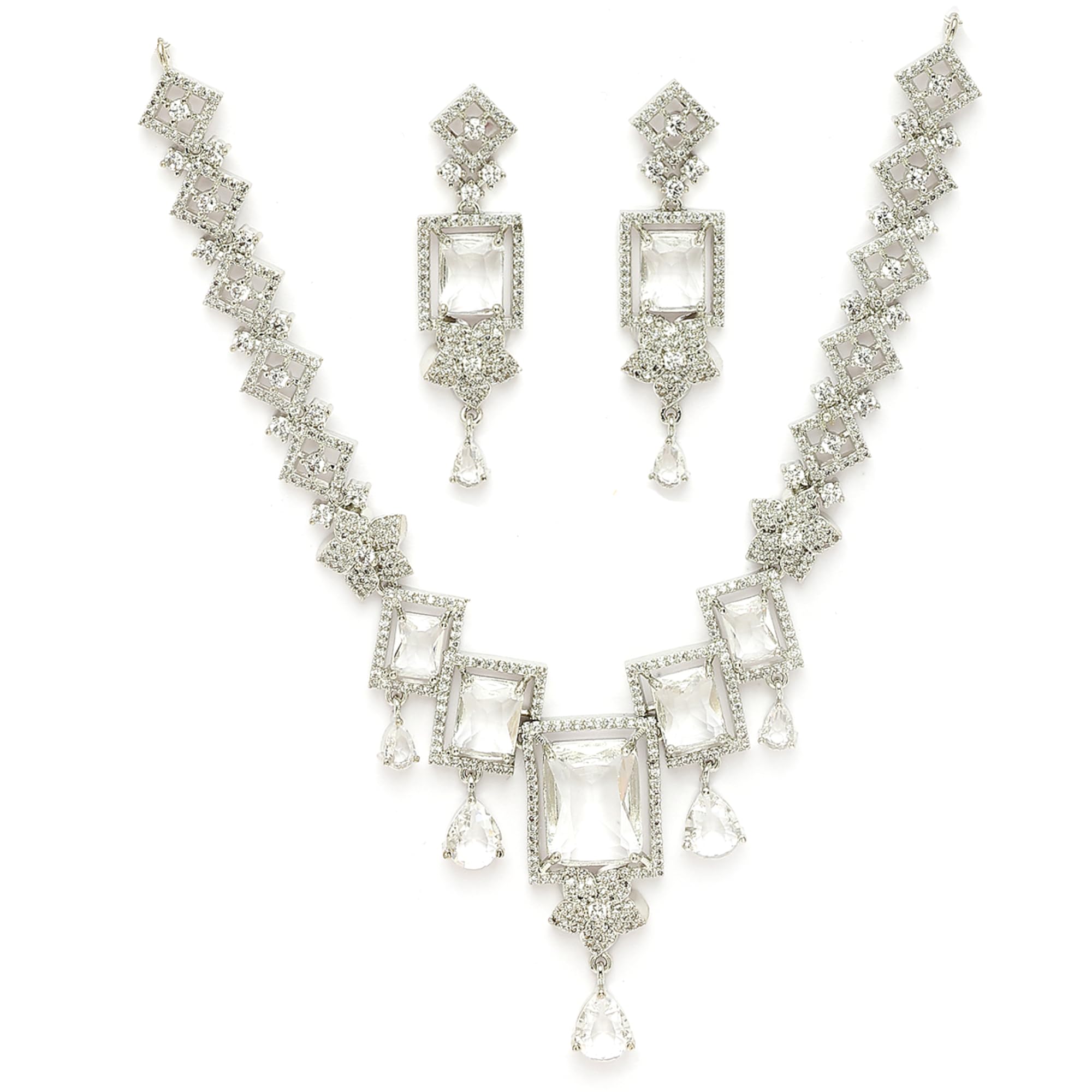 Rhodium Plated Silver Toned Rectangular Shaped American Diamond Studded Necklace With Earrings Jewellery Set For Women & Girls-image-31
