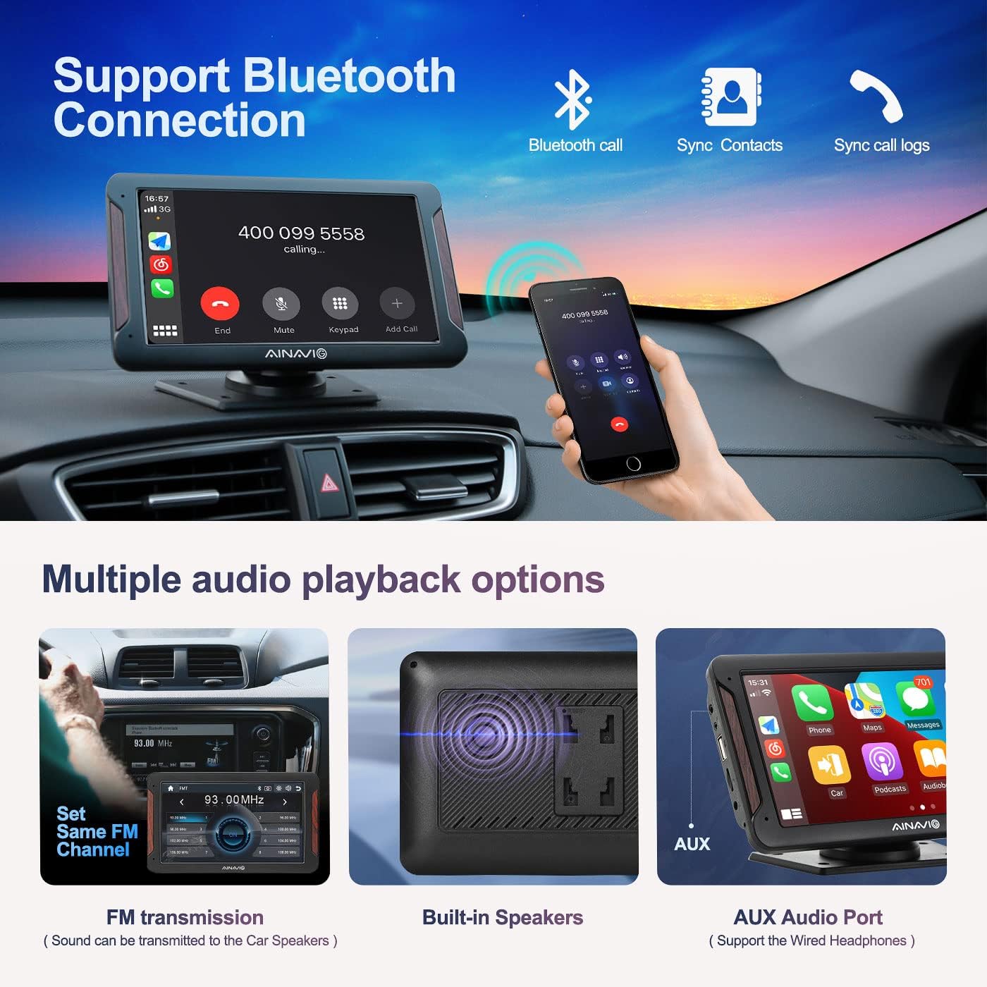 Image detailing Bluetooth connection for calls and contact sync, along with multiple audio playback options including FM transmission, built-in speakers, and AUX audio port.