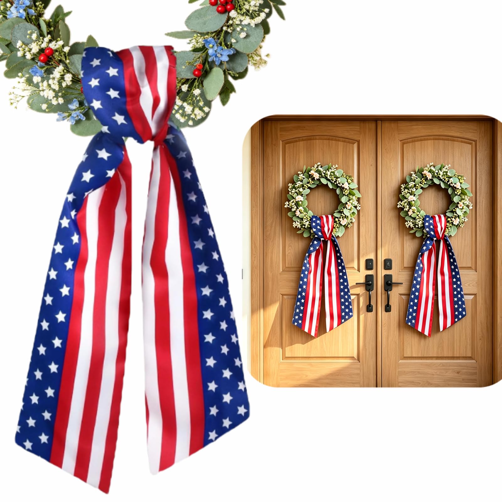 4th of July Wreath Sash for Front Door, 2pcs Red White and Blue Stripe Patriotic Wreath Satin Sash Accessories for Party Wall Doorway Porch Decoration