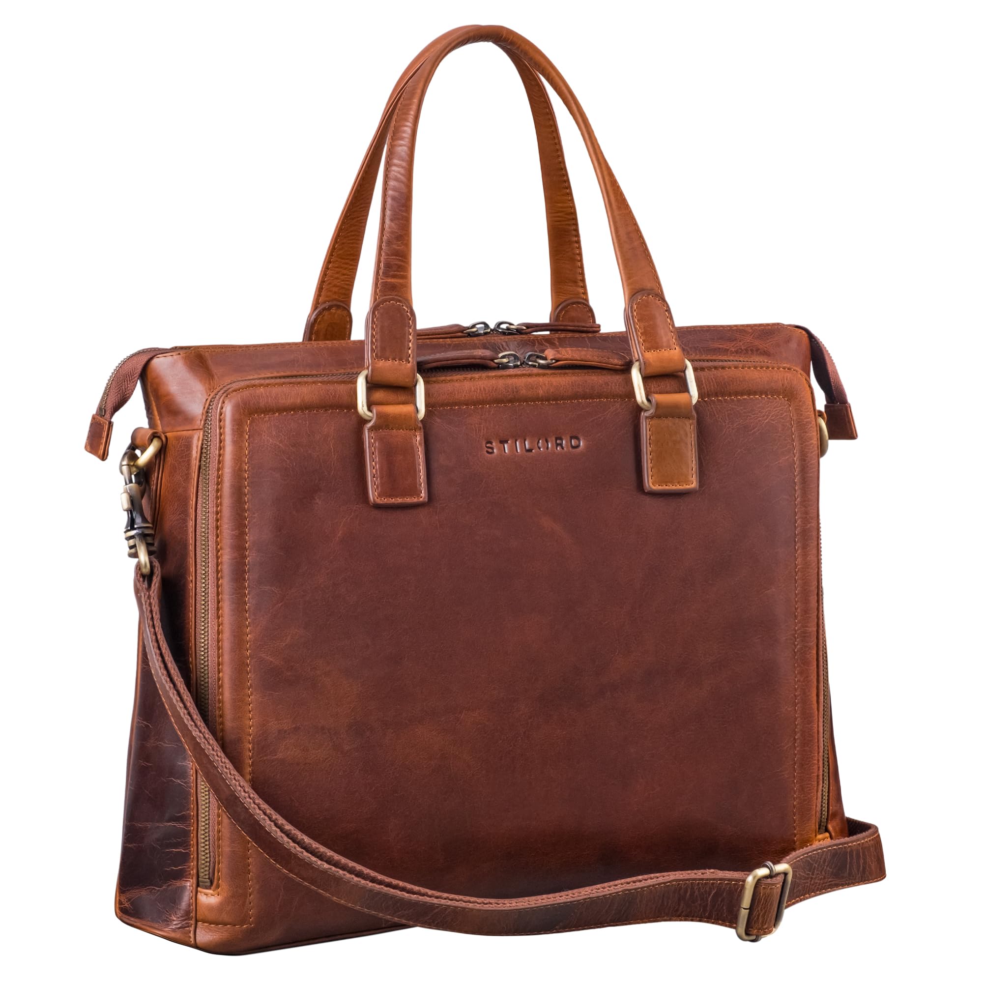 STILORD "Claire Bolso de Negocios Mujer Cuero Genuino 15 Pulgadas | Maletín | Bolsa para Portátil DIN A4 | Bolso de Hombro y de Mano para Oficina Color:kara - cognac