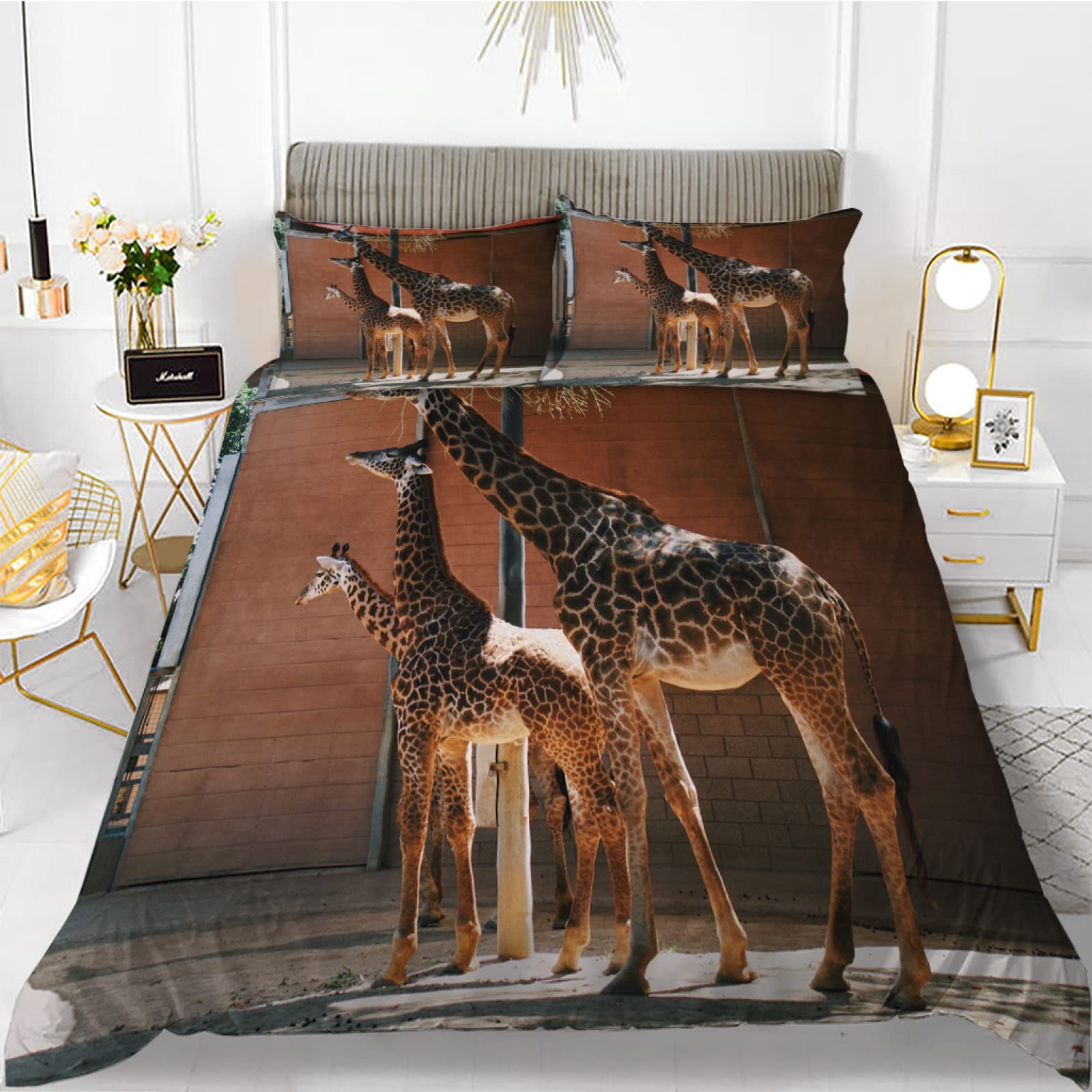 Parure de lit 220x240 adulte motif girafe en tissu microfibre premium de 110 g/㎡