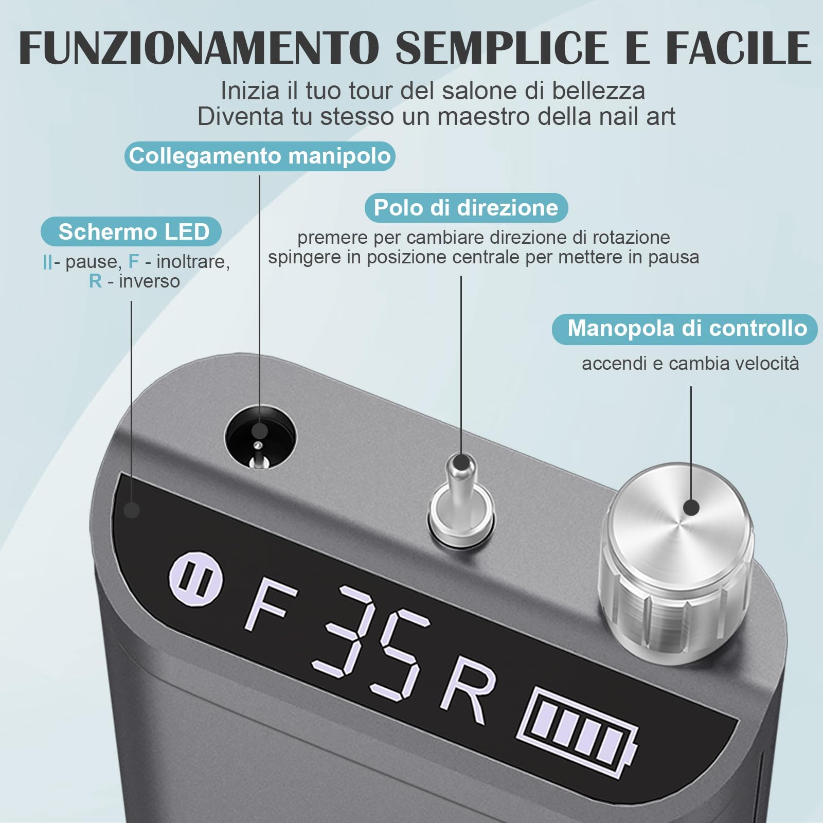 Kredioo Fresa per Unghie Professionale 35000RPM, Portatile e Ricaricabile, Trapano Elettrico, Rimozione Gel/Smalto, Lima Elettrica per Manicure e Pedicure, Kit 10 Punte Fresa Unghie, LED, Grigio