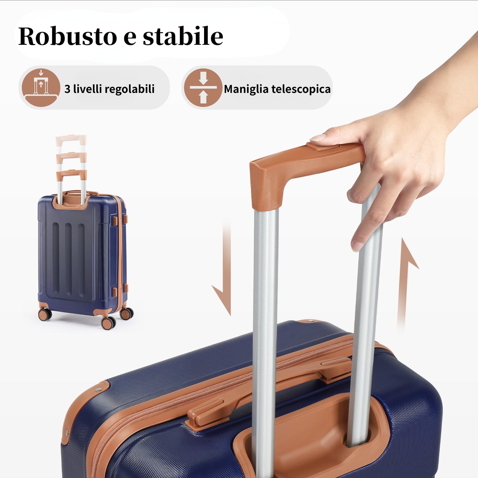 LEADZM Set di Valigie Rigide 4 Pezzi con Beauty Case (Blu Navy-Marrone) | Set Valigie con Rinforzi Angolari, Luggage Suitcase Grande 23 kg in ABS