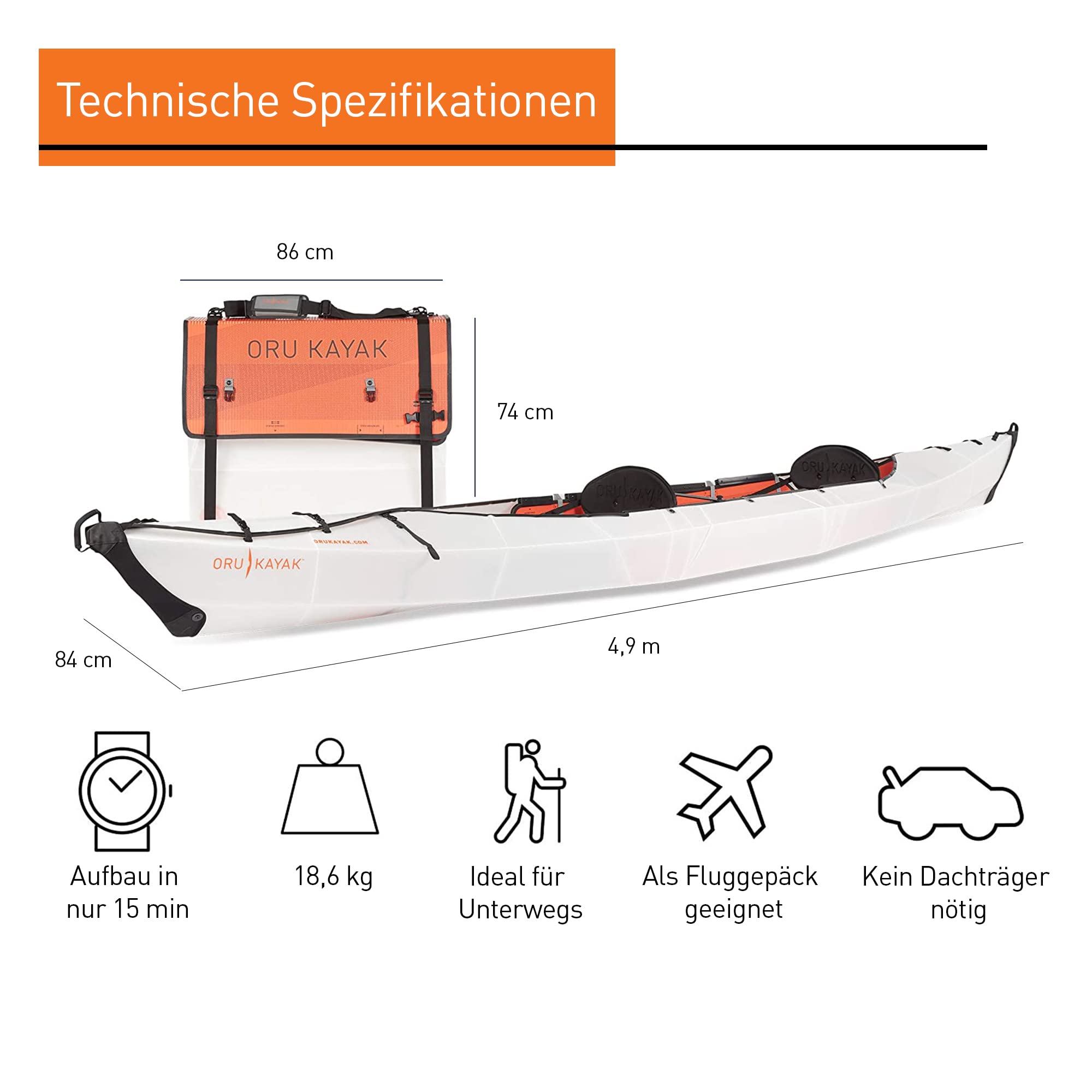 Oru Kayak Faltbares Kajak Haven TT - 1-2 Personen - Stabil, langlebig, leicht – Anfänger, Intermediär – Freizeitpaddeln auf Seen, Flüssen, Meeren – Größe (aufgebaut): 490 x 84cm, Gewicht: 18,6kg