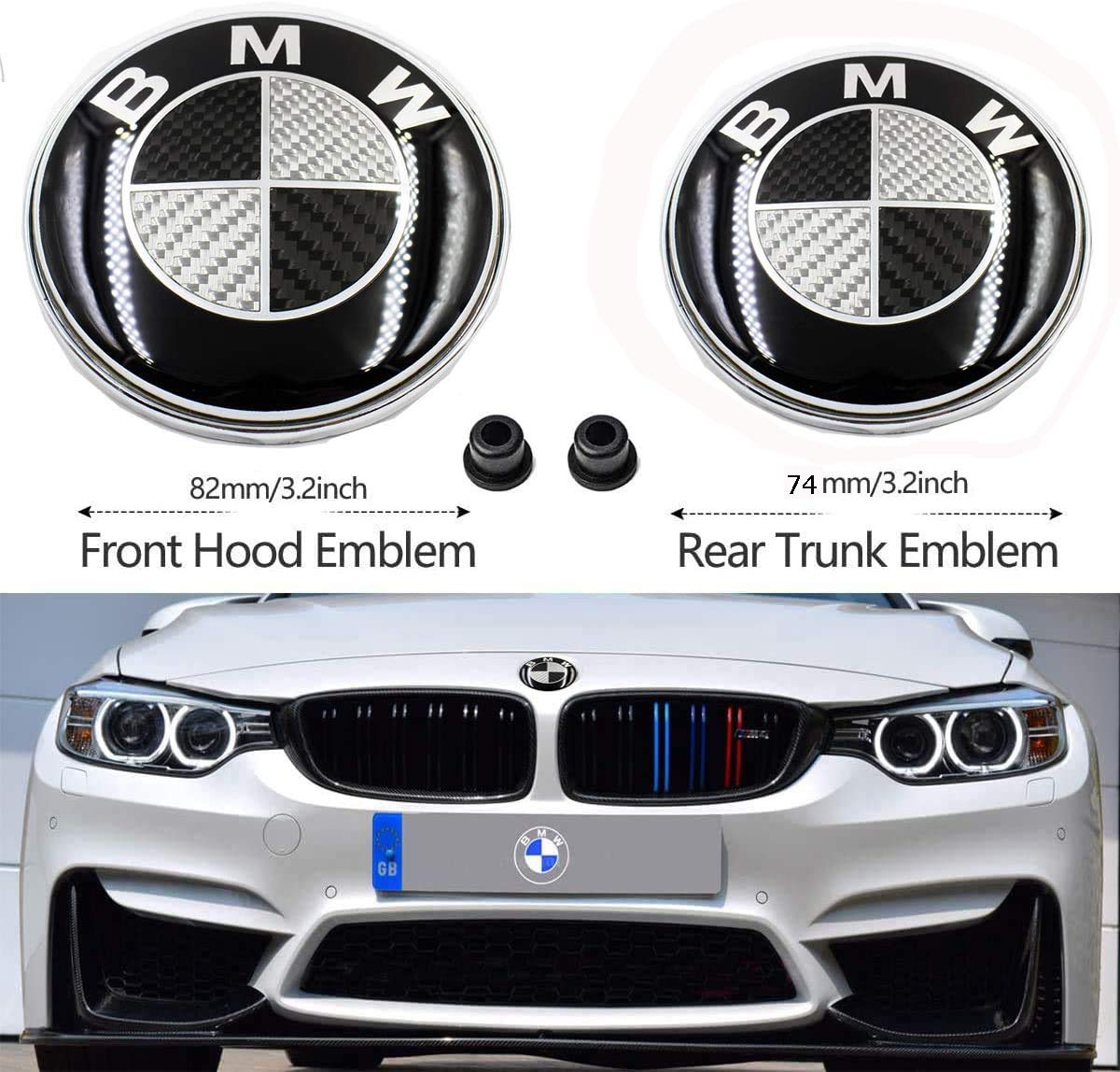 Aocoti 2PCS B-M-W 82mm Hood Emblem and 74mm Trunk Emblem with 2 Grommets Replacement for B-M-W X3 X5 X6 3 4 5 6 7 8 series 325i 328i E46 E30 E36 E34 E38 E39 E60 E65 E90 (Black/White Carbon Fiber)