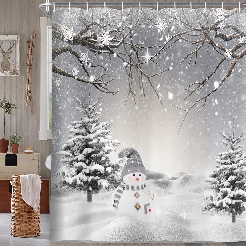 JAWO Winter Christmas Shower Curtain, Cute Snowman Snowflake Scene Shower Curtains for Bathroom, Pine Tree Covered Snow Fabric Bath Curtains Set Extra