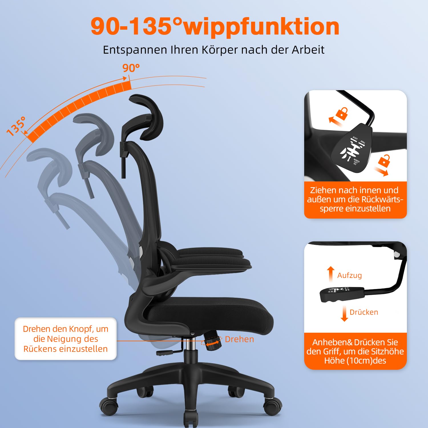 Bürostuhl, Bürostuhl Ergonomisch, Schreibtischstuhl mit Segmentierter Rückenlehne, Adaptiver Lendenstütze und 90°klappbaren Armlehnen, Schreibtischsessel Neigbar bis 135°, Office Chair