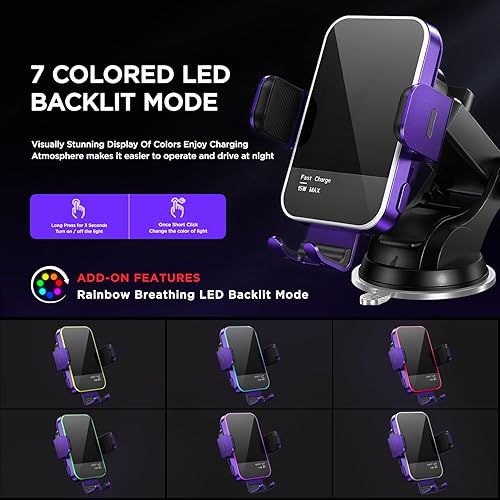 Miniatura 2 de Cargador de coche inalámbrico, retroiluminación RGB de 7 colores soporte de teléfono para iPhone 15 14 13 12 Mini Pro Max 11 XR, Samsung Galaxy S24
