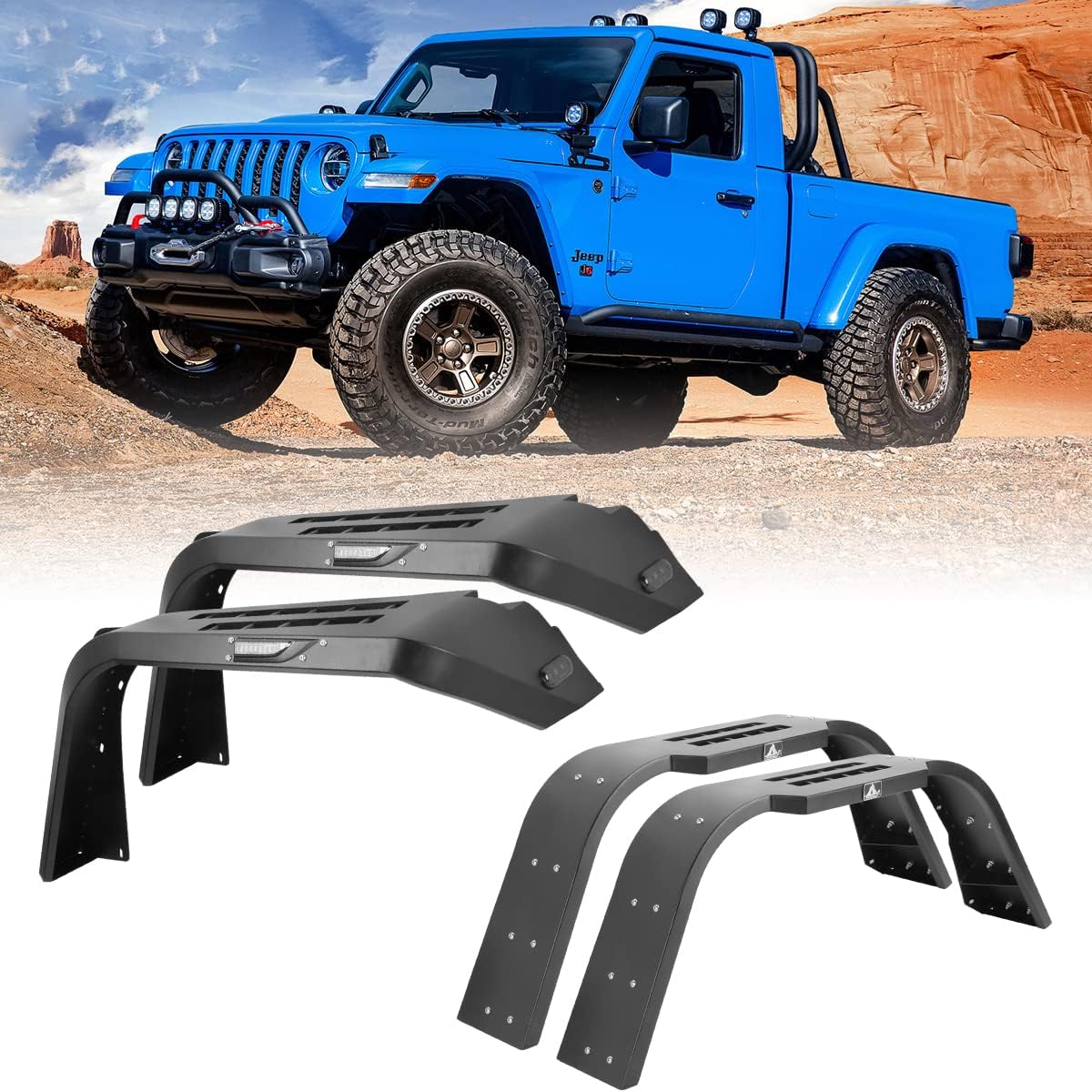 NIXON OFFROAD Solid Steel Front & Rear Fender Flares for 2019-2025 Jeep Gladiator JT, Splash Guards w/Sequential LED Light, Unlimited Heavy-Duty Off Road Trim Guards 2&4 Doors （2 Pairs）