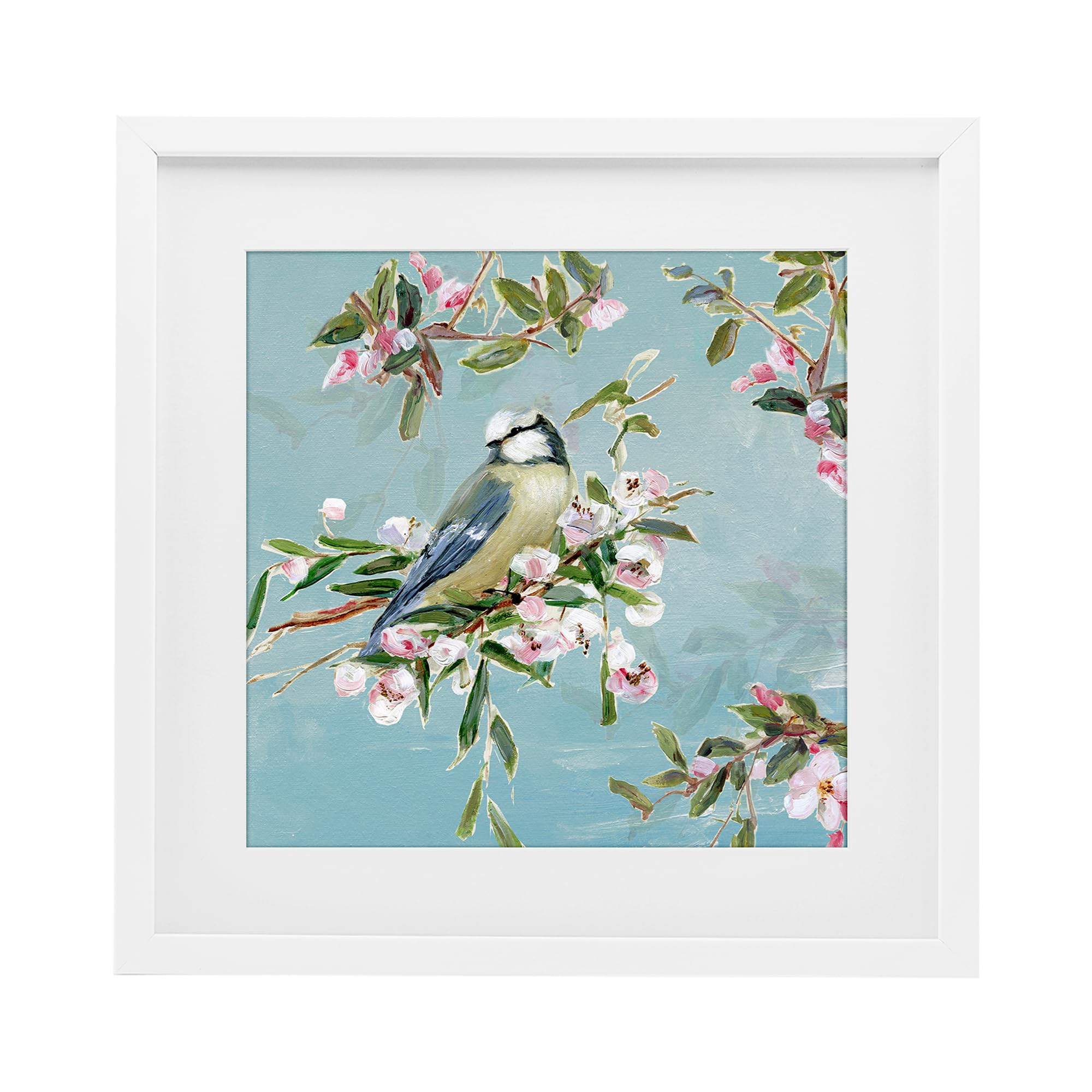 'Songbird Perched on Blooms'| Framed Print Under Glass