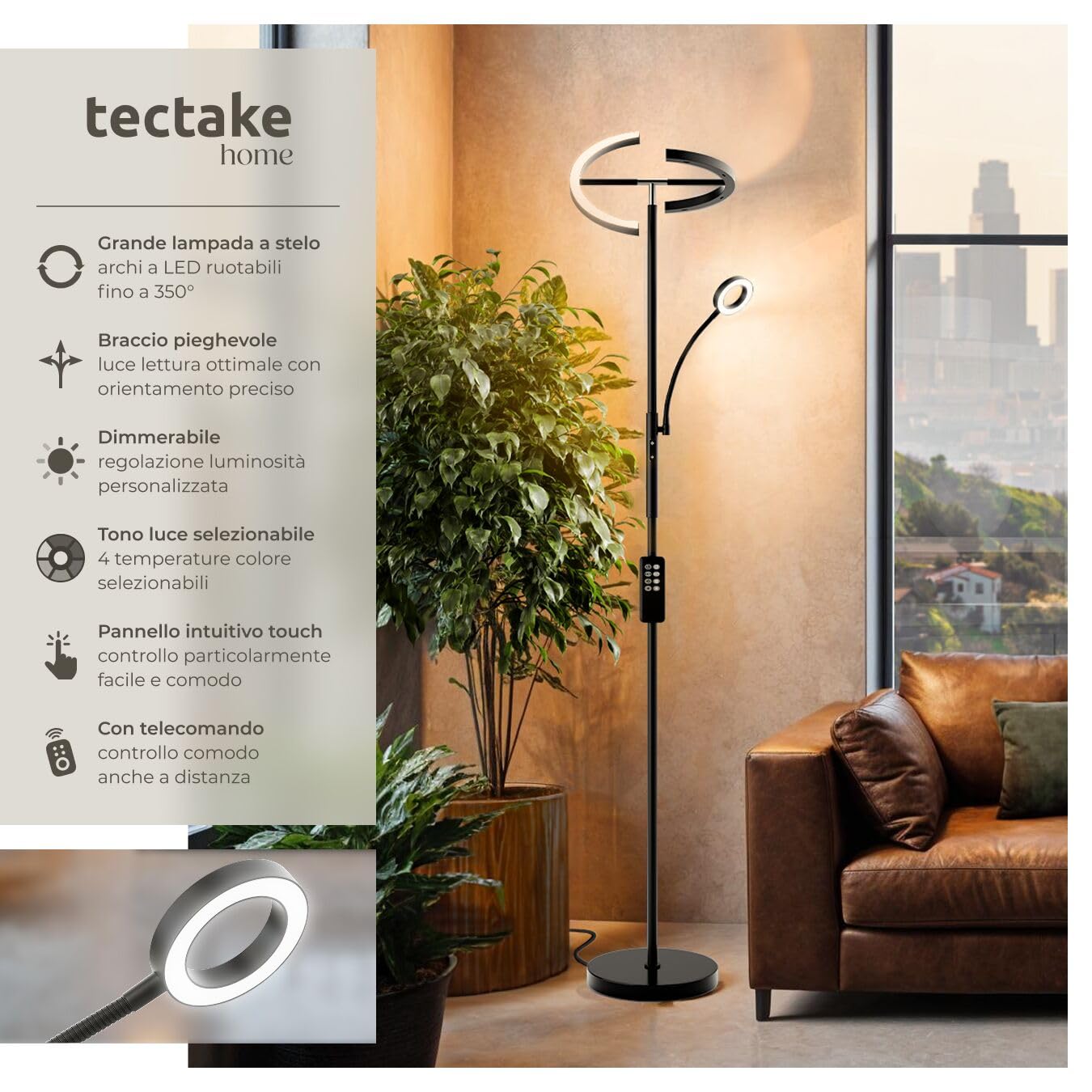 tectake® Lampada da Terra LED 20W, Piantana LED con Luce da Lettura Integrata, Arco Flessibile, Dimmerabile, Temperatura Colore Regolabile, Pannello Touch, Telecomando Magnetico - Nero