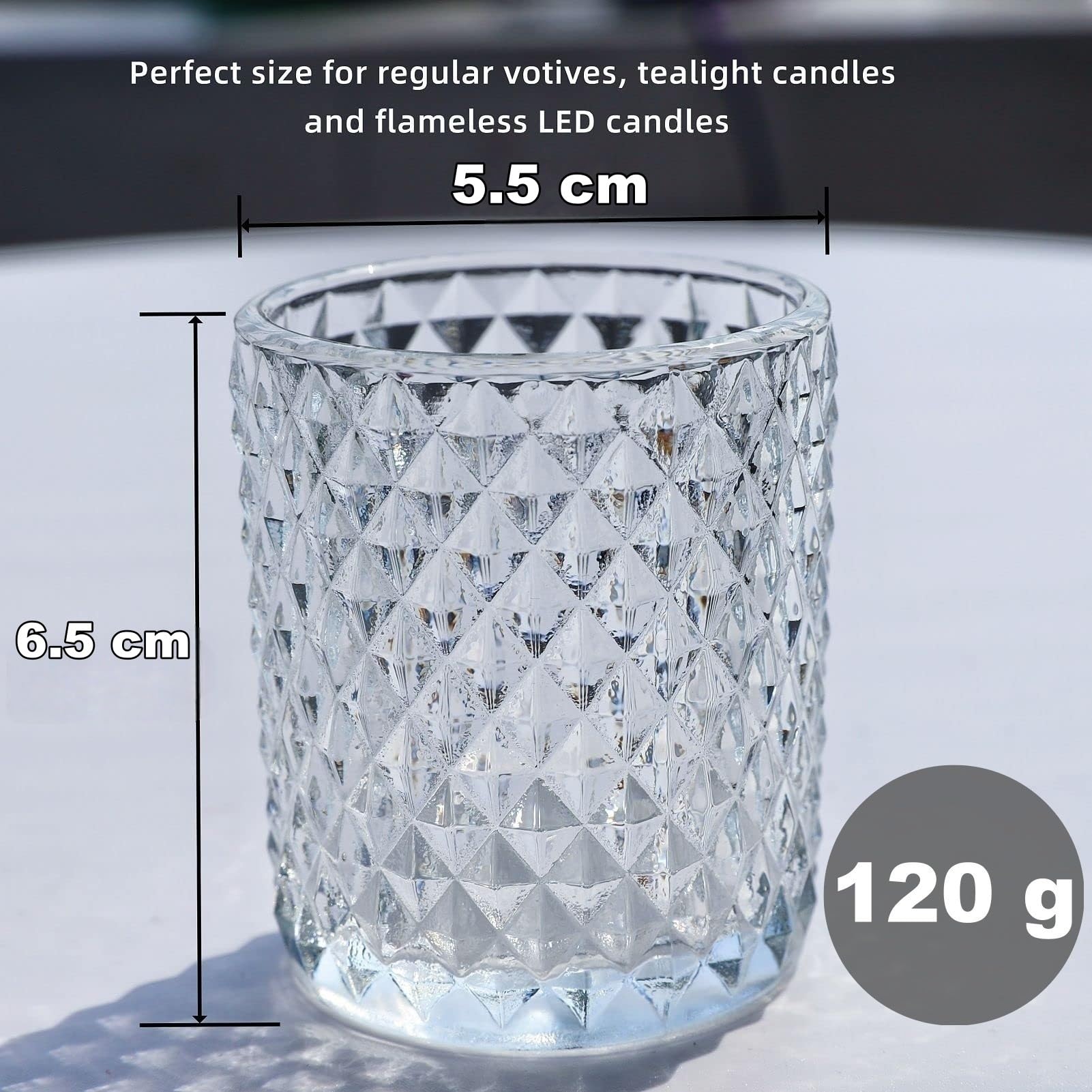 Diamant Photophore Verre, Lot de 12 Transparent Bougeoir Verre de Décoration d'Intérieur, Chandelier Bougeoir Chauffe-Plat pour Les Mariages et Les Fêtes d'anniversaire(5,5 cm x 6,5 cm)