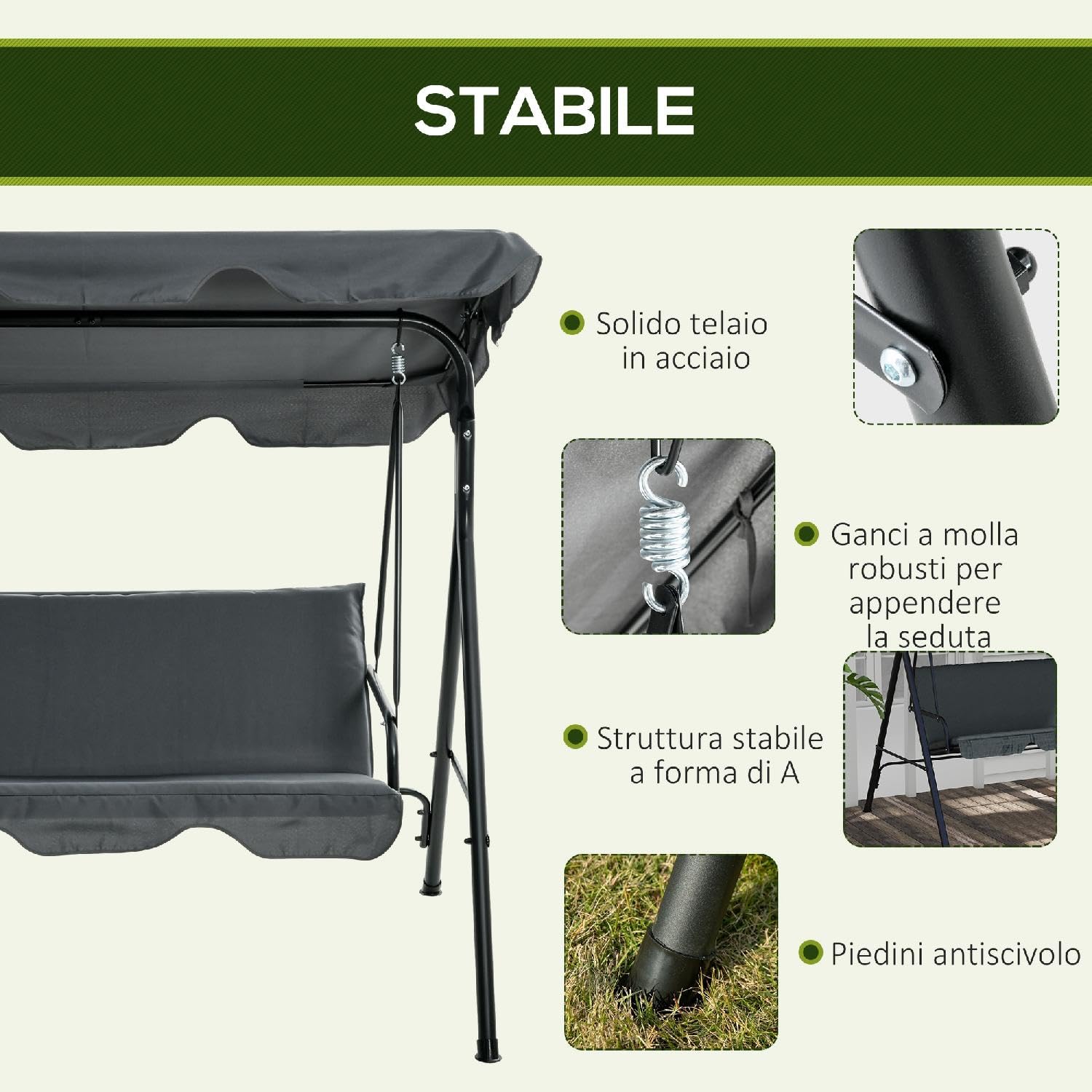 Dondolo da Giardino 3 Posti con Tettuccio Parasole in Acciaio/Poliestere Dimensioni 172x110x153 cm Colore Grigio