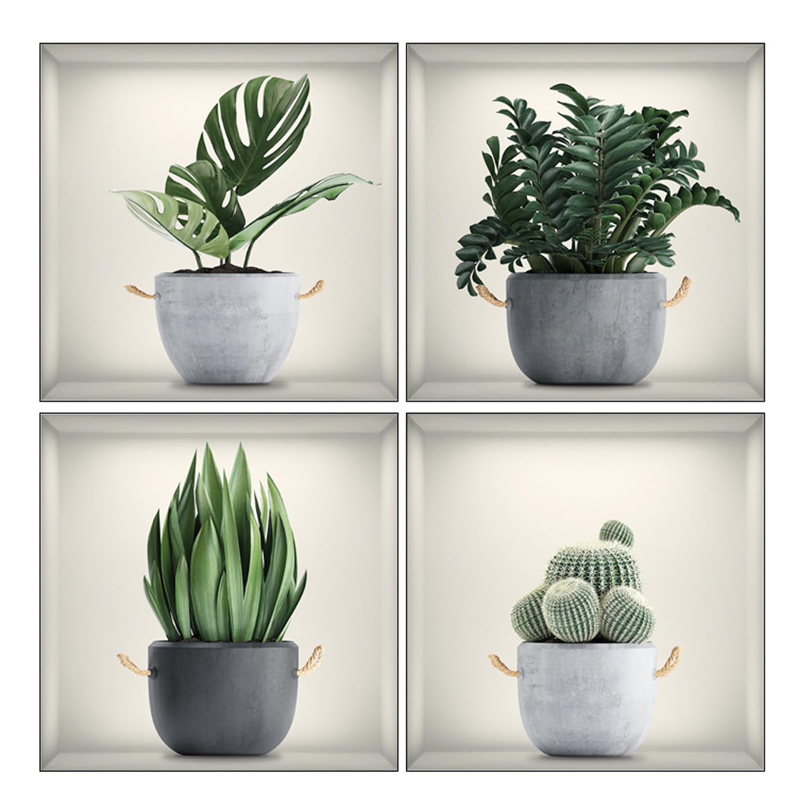 4 Stickers Muraux Plantes 3D - Décor Vases Verts Pour Salon, Chambre Ou Bureau (30x30 Cm)