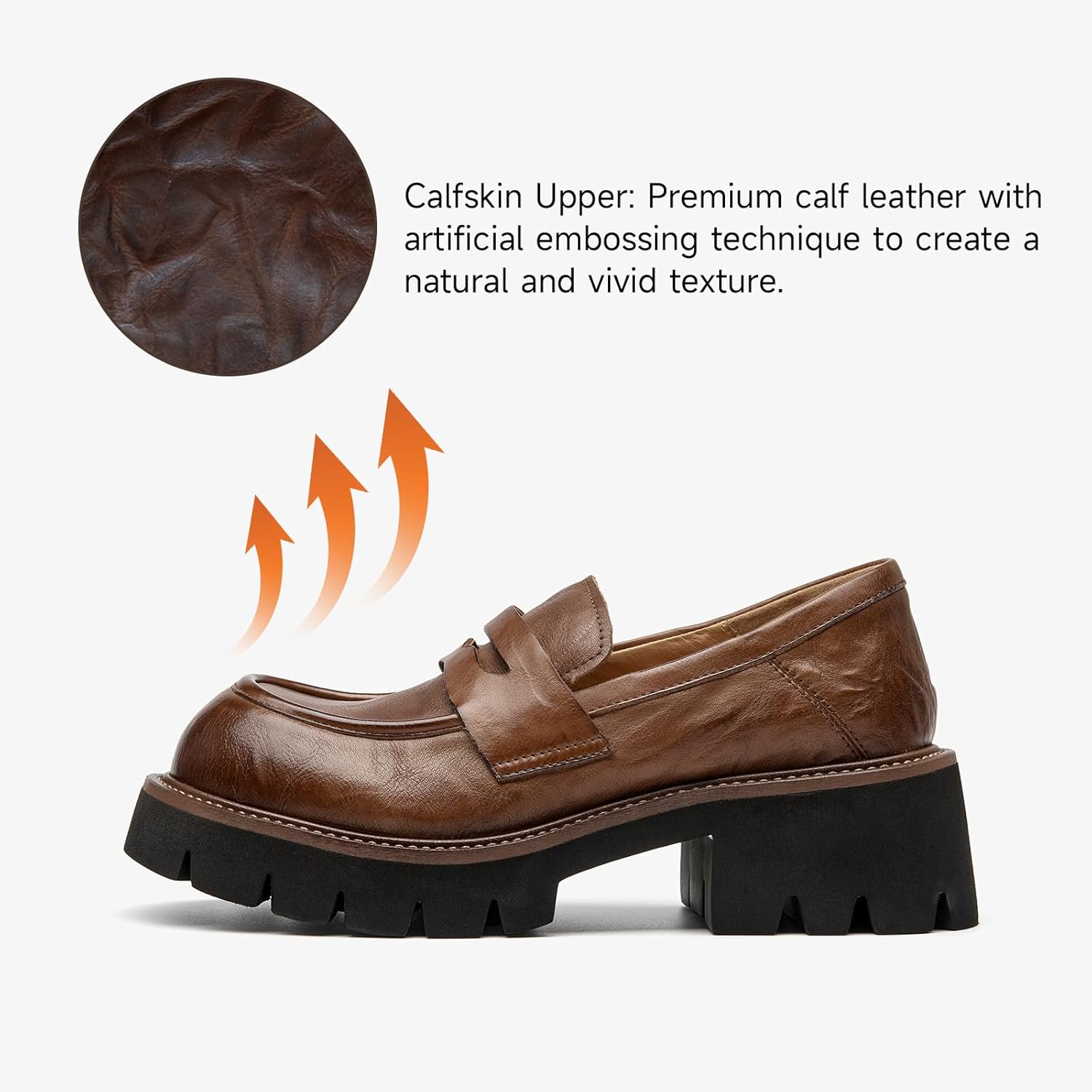 BEAU TODAY Platform Loafers for Women, Women’s Chunky Leather Loafers, Slip-on Lug Sole Penny Loafers Comfortable Business Casual Office Non Slip Round Toe Ladies Dress Shoes Brown US 8.5 - Image 4