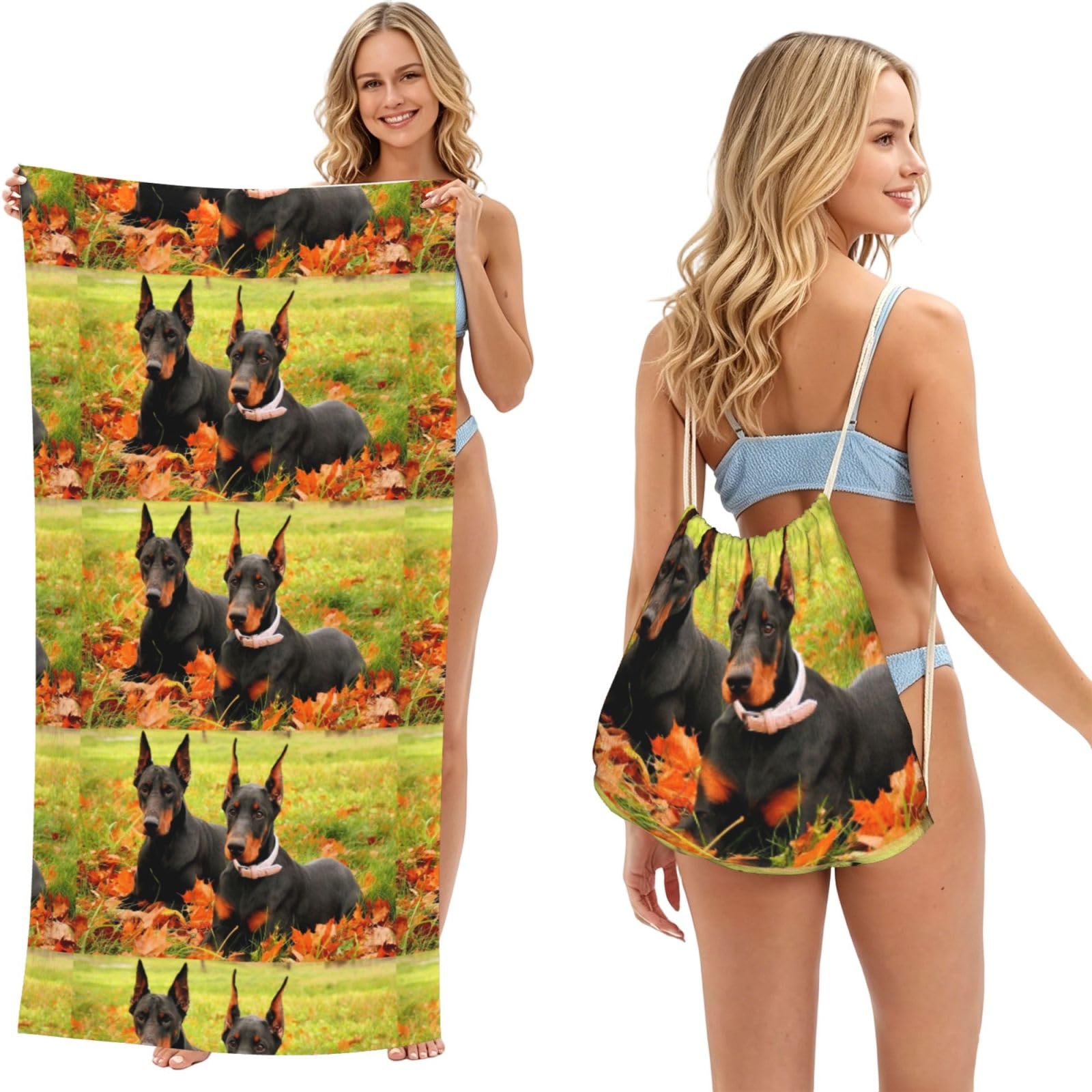 Poadnly As Picture Beautiful Autumn Doberman, 2 In 1 Packable Towel Bag, Beach Towels With Drawstring Backpack For Travel Holiday Camping