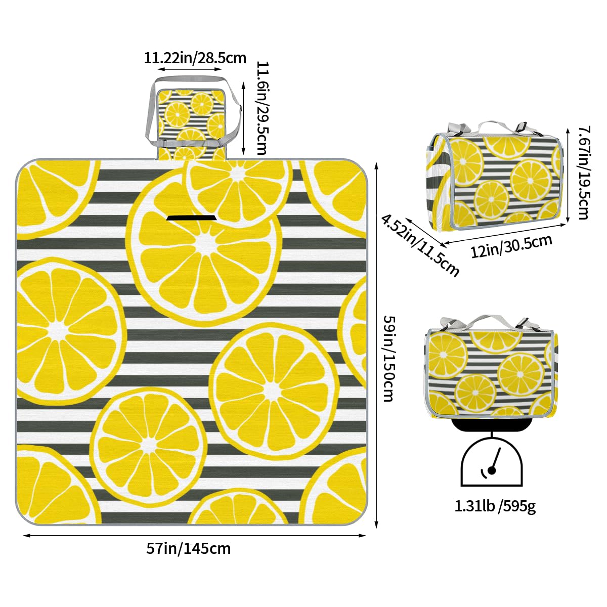Shimoshe Picnic Blankets 57”x 59”, Striped Background Lemon Slices Waterproof Sandproof Picnic Mat Lightweight Foldable Beach Blanket for Camping Park Grass Beach Outdoor Blanket
