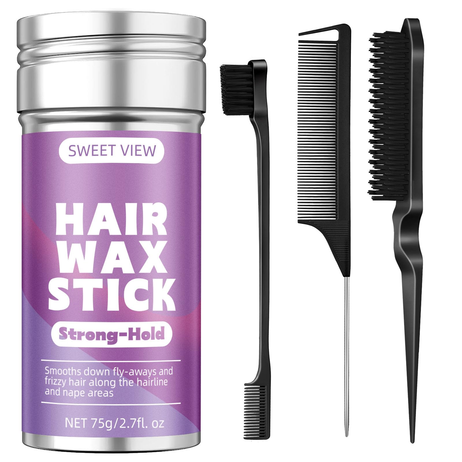 SWEET VIEW Hair Wax Stick & Slick Back Hair Brush for Tame Flyaways, Frizz, Sleek Ponytail, Buns | Pomade/Balm/Gel Stick for Woman, Styling Accessories for Girls, Kids