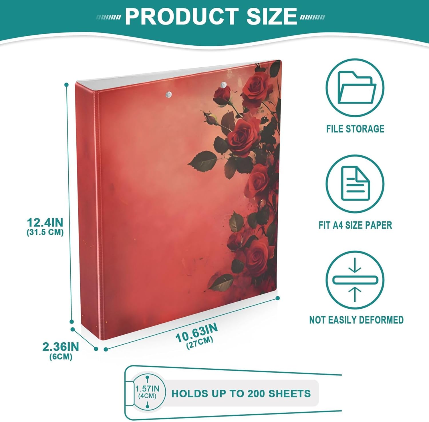 Valentine's Day Roses 3 Ring Binders, 1.5” Round Ring Binders with Clipboard - Letter Size, 3 Interior PVC Clear Pockets & Anti-Slip Clip for Office School Supplies, 2PCS