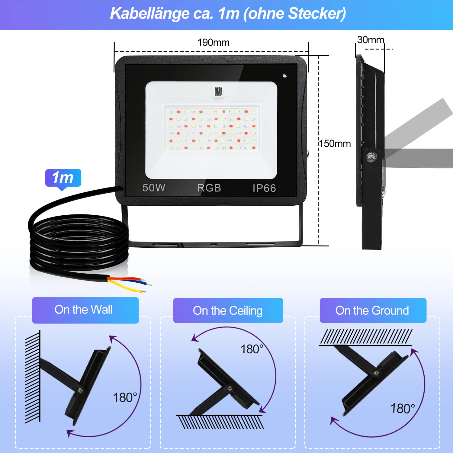50W RGB LED Strahler Dimmbar 8 Stück, Aussen Fernbedienung, Außenstrahler LED RGB Wasserdicht IP66, 16 Farben 4 Modi, Fluter für bäume, Stimmungslicht mit Farbwechsel