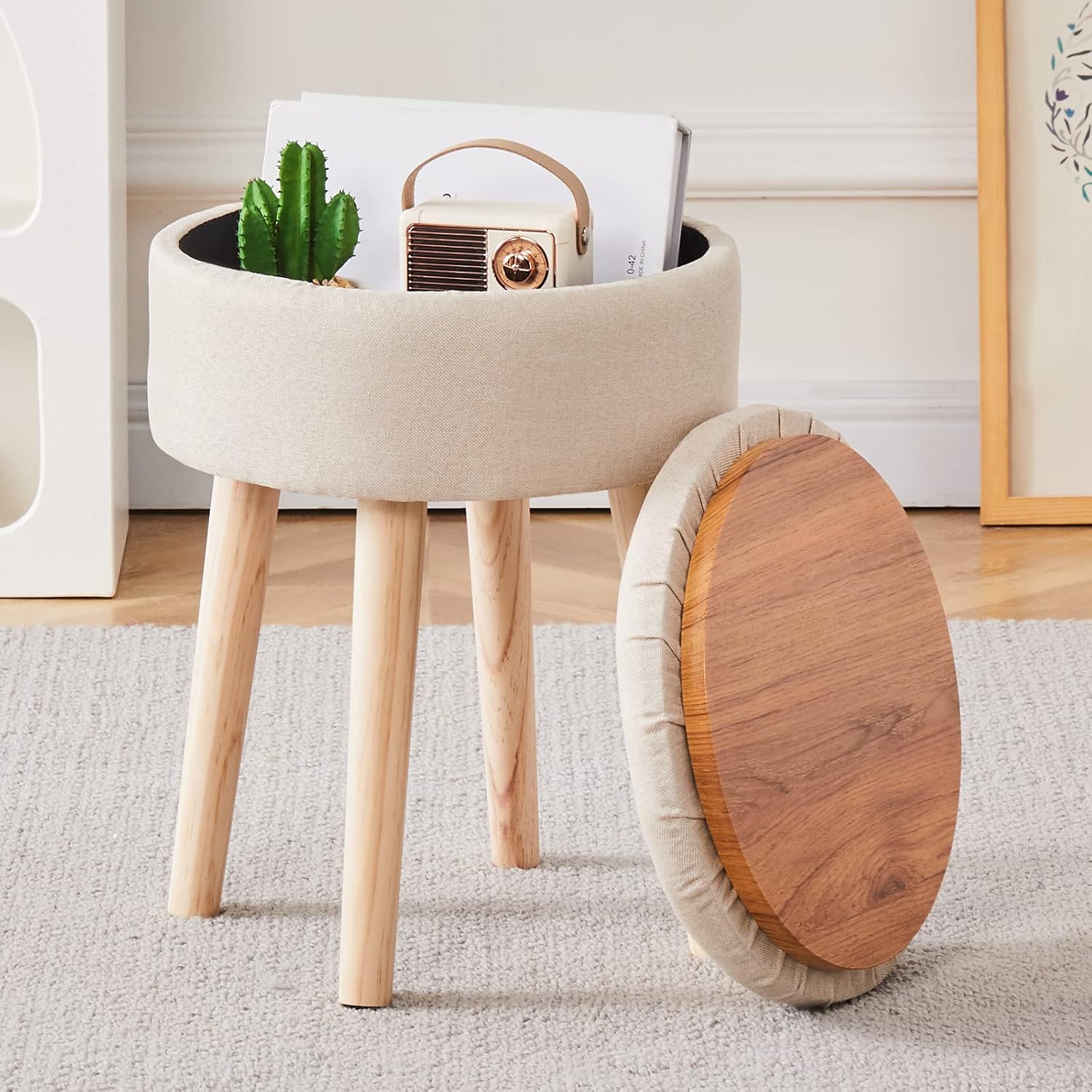 Mxfurhawa Storage Ottoman Linen Round Vanity Stool Tray Top Modern Foot Stool with Wood Legs Multifunctional Upholstered Foot Ottoman Rest for Living Room, Bathroom, Makeup (Beige)