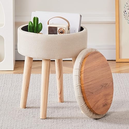 Miniatura 8 de Mxfurhawa Taburete otomano de almacenamiento redondo de lino con patas de madera, reposapiés tapizado multifuncional, para sala de estar, baño,