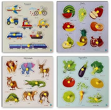 Wooden Puzzle with Knobs Educational and Learning Toy for Kids (Animal - Fruits - Vegetables - Transport)