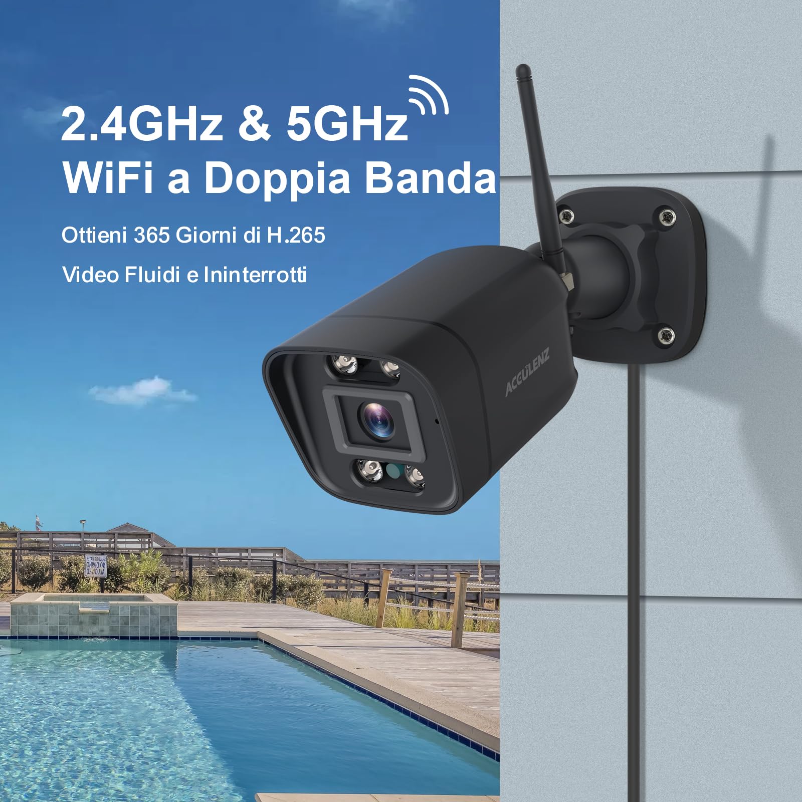 ACCULENZ 5MP Telecamera Wifi Esterno, 2,4/5GHz Videocamera di Sorveglianza,Visione Notturna a Colori, AI Rilevamento del Movimento,Sirena, Compatibile con Alexa