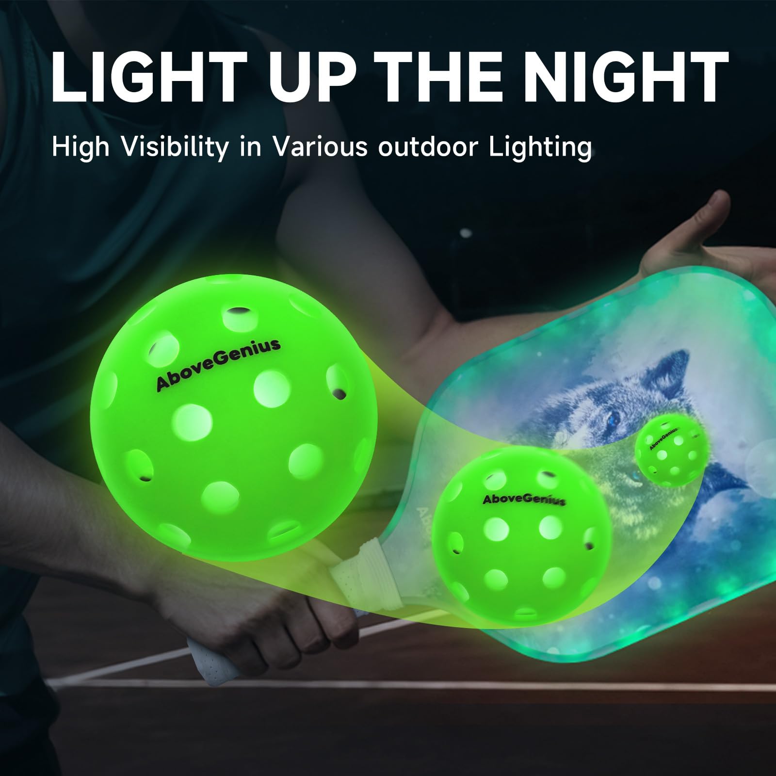 AboveGenius Palline da pickleball con luci LED, confezione da 6 palline da pickleball che si illuminano al buio, ad alta visibilità e di lunga durata per giocare notturno