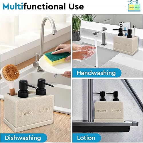 Miniatura 5 de Juego de dispensador de jabón para manos y platos para fregadero de cocina, dispensador de jabón doble con organizador de esponja y soporte para