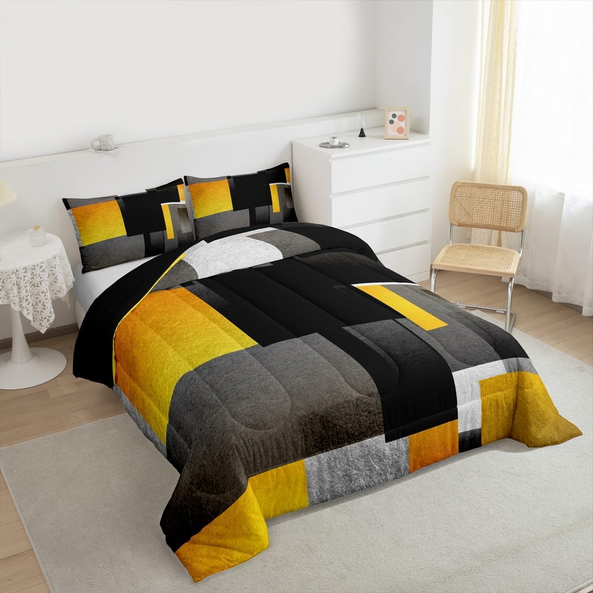 Feelyou Yellow Grey Black Buffalo Check Comforter Set Full Size Kids Geometric Comforter for Boys Teens Geometric Bedding Set Plaid Modern Abstract Art Duvet Set Room Decor Quilt Boys